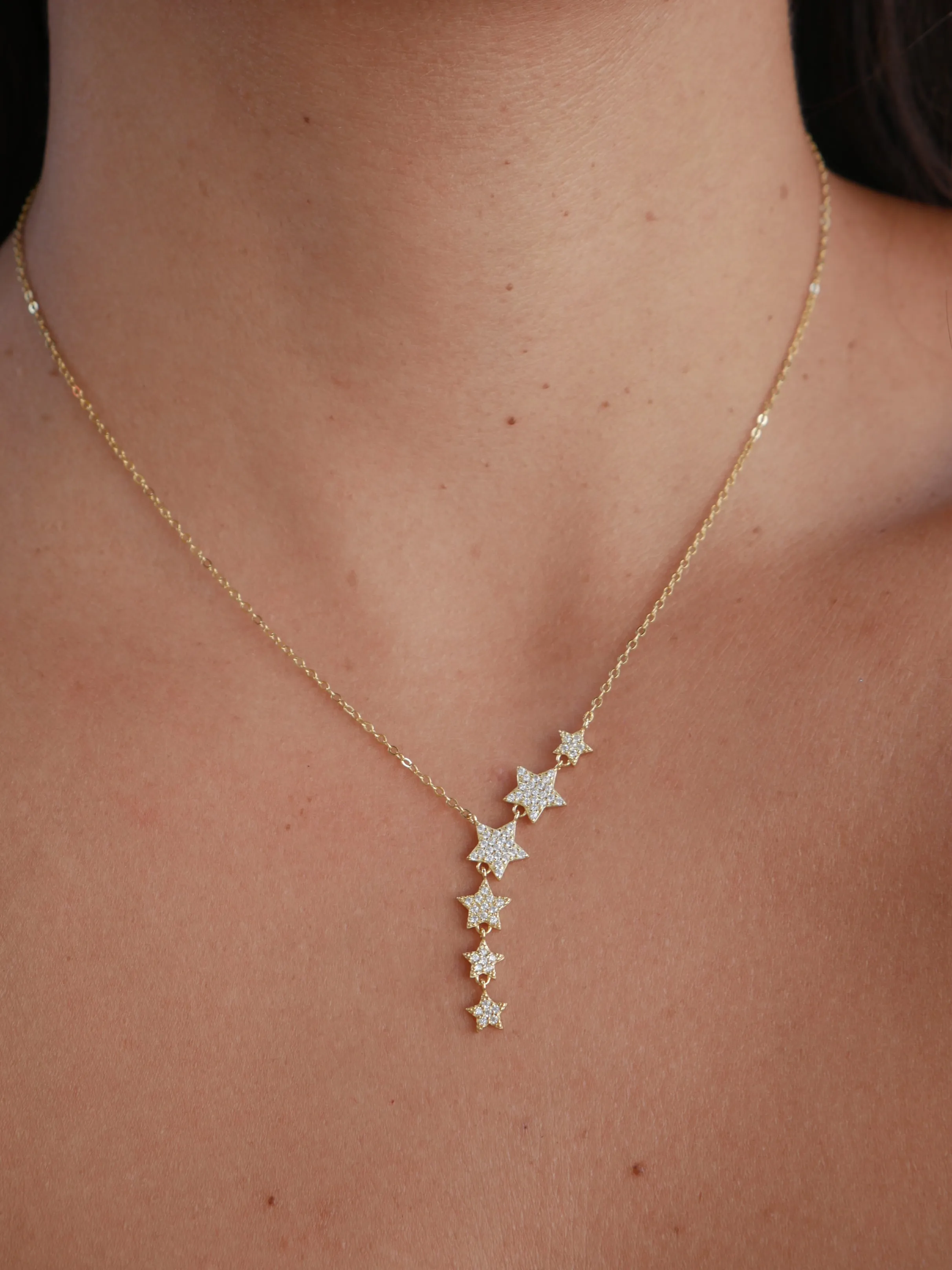 Golden Star Necklace Pave Diamond CZ .925 Sterling Silver Lariat Necklaces