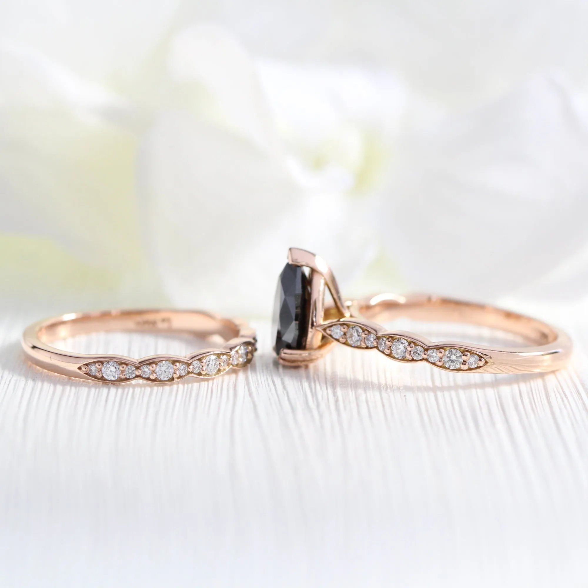 Grace Solitaire Black Diamond Ring Set w/ Pear Diamond and Matching Wedding Band