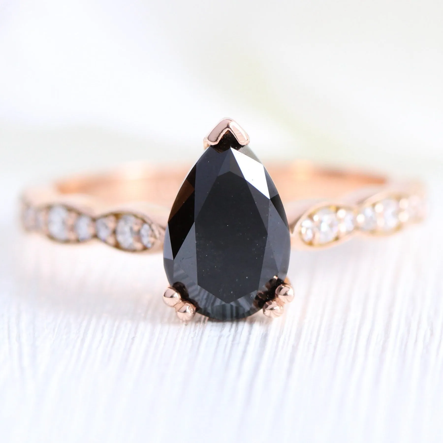 Grace Solitaire Black Diamond Ring Set w/ Pear Diamond and Matching Wedding Band