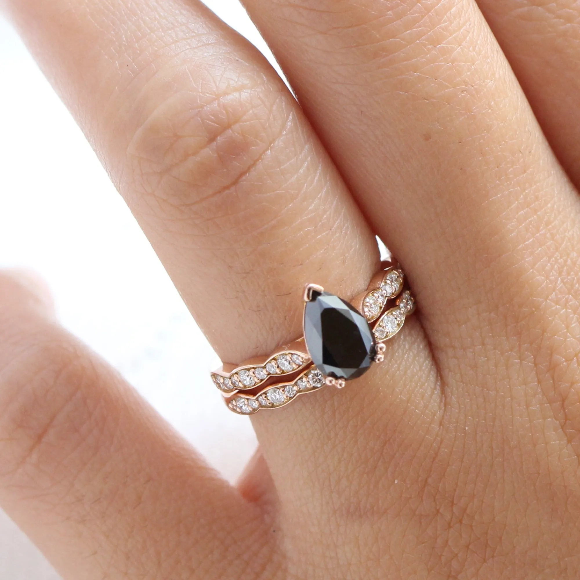 Grace Solitaire Black Diamond Ring Set w/ Pear Diamond and Matching Wedding Band