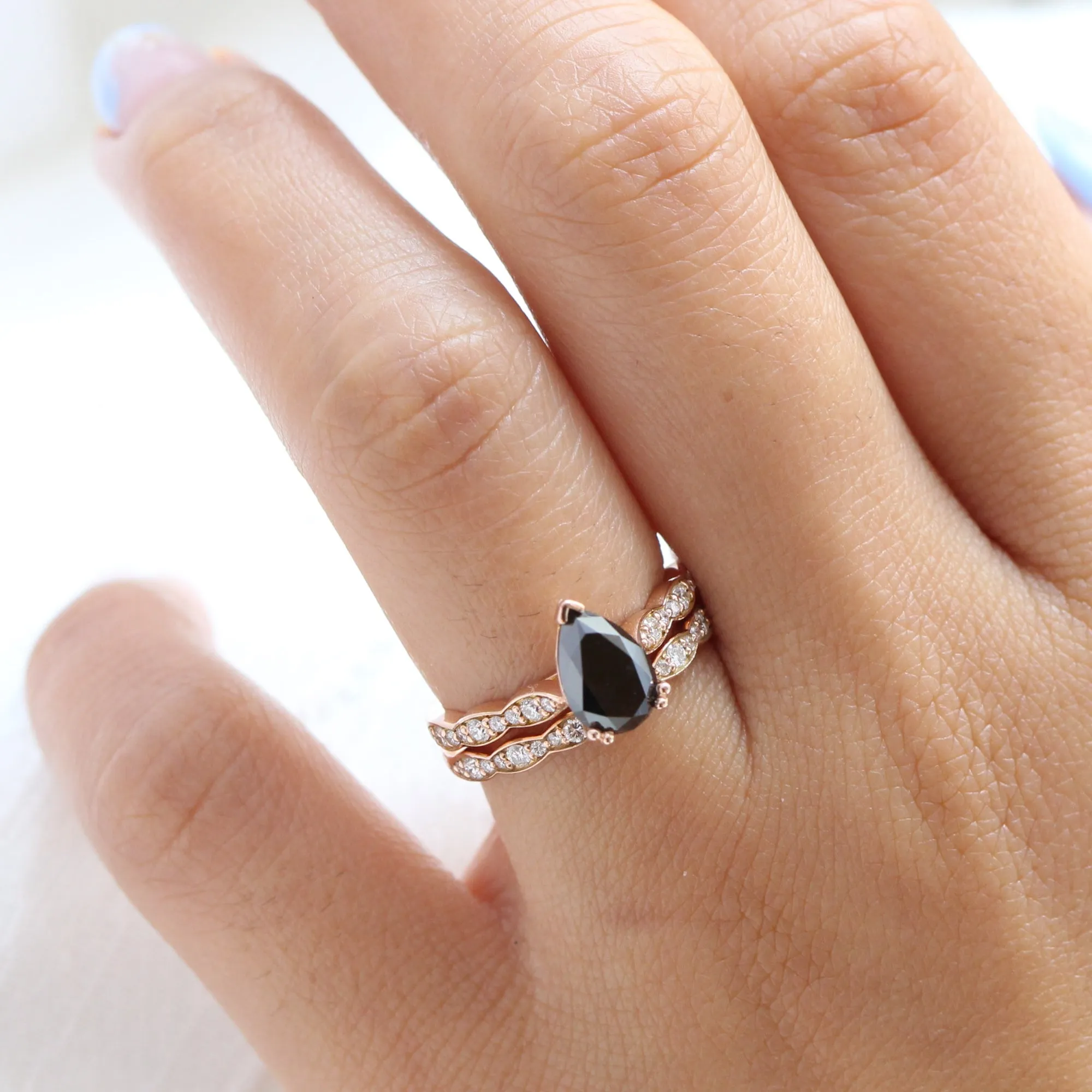 Grace Solitaire Black Diamond Ring Set w/ Pear Diamond and Matching Wedding Band