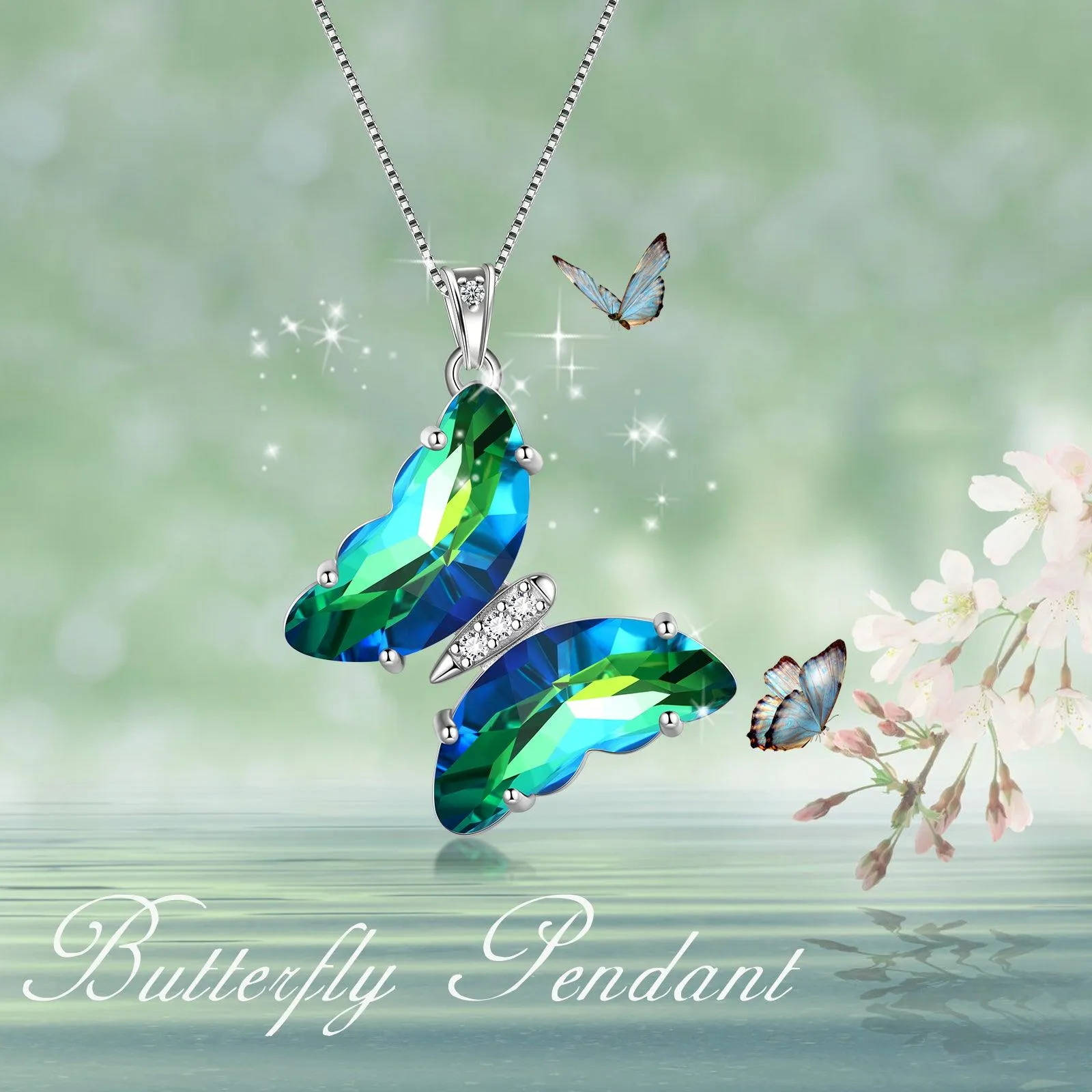 Green Butterfly Necklace May Emerald Birthstone Pendant Women Girls Jewelry Birthday Gift