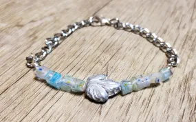 Hand Crafted Light Blue Millefiori Glass with Leaf Accent & Silver Chain Bracelet. Adjustable to 8.5" with Lobster Claw Clasp