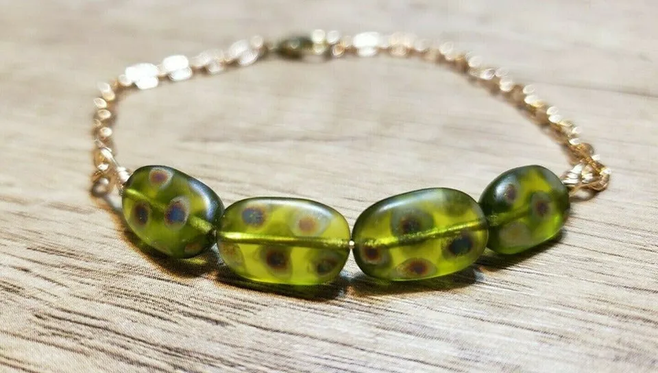 Hand Crafted, Painted Green Millefiori Glass & Gold Tone Chain Bracelet. Adjustable to 8.5" with Lobster Claw Clasp