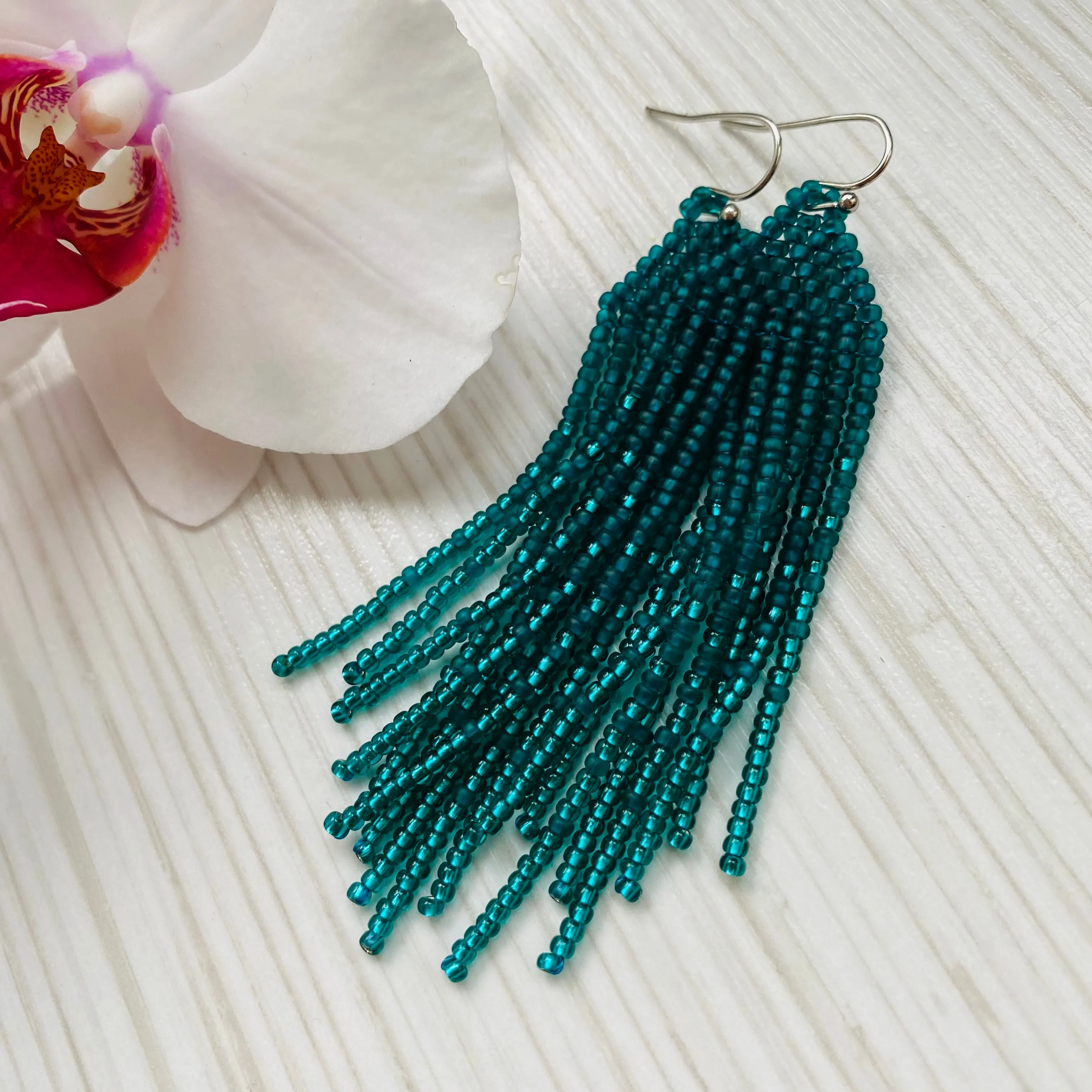 Handmade Long Bohemian Emerald Seed Beaded Earrings