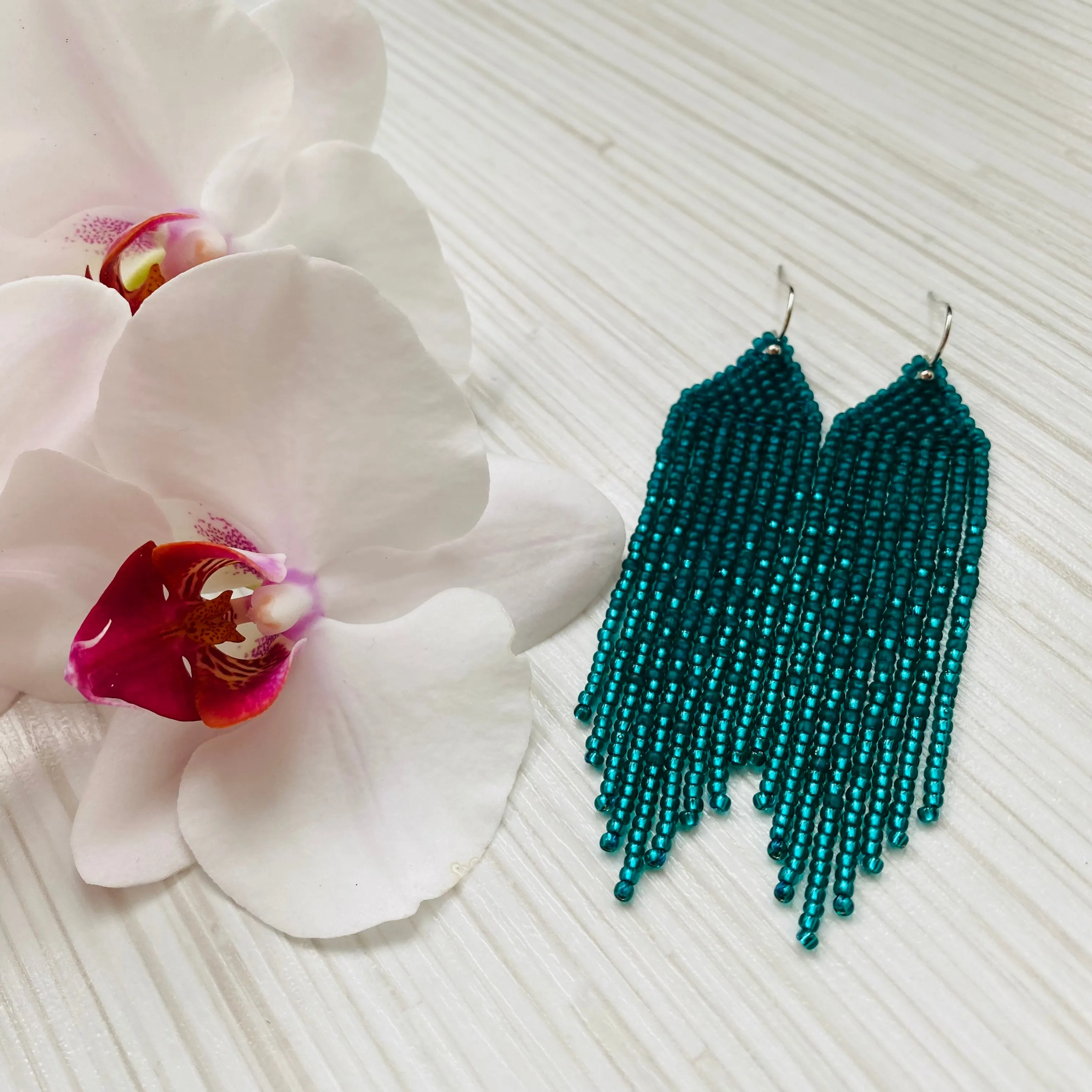 Handmade Long Bohemian Emerald Seed Beaded Earrings