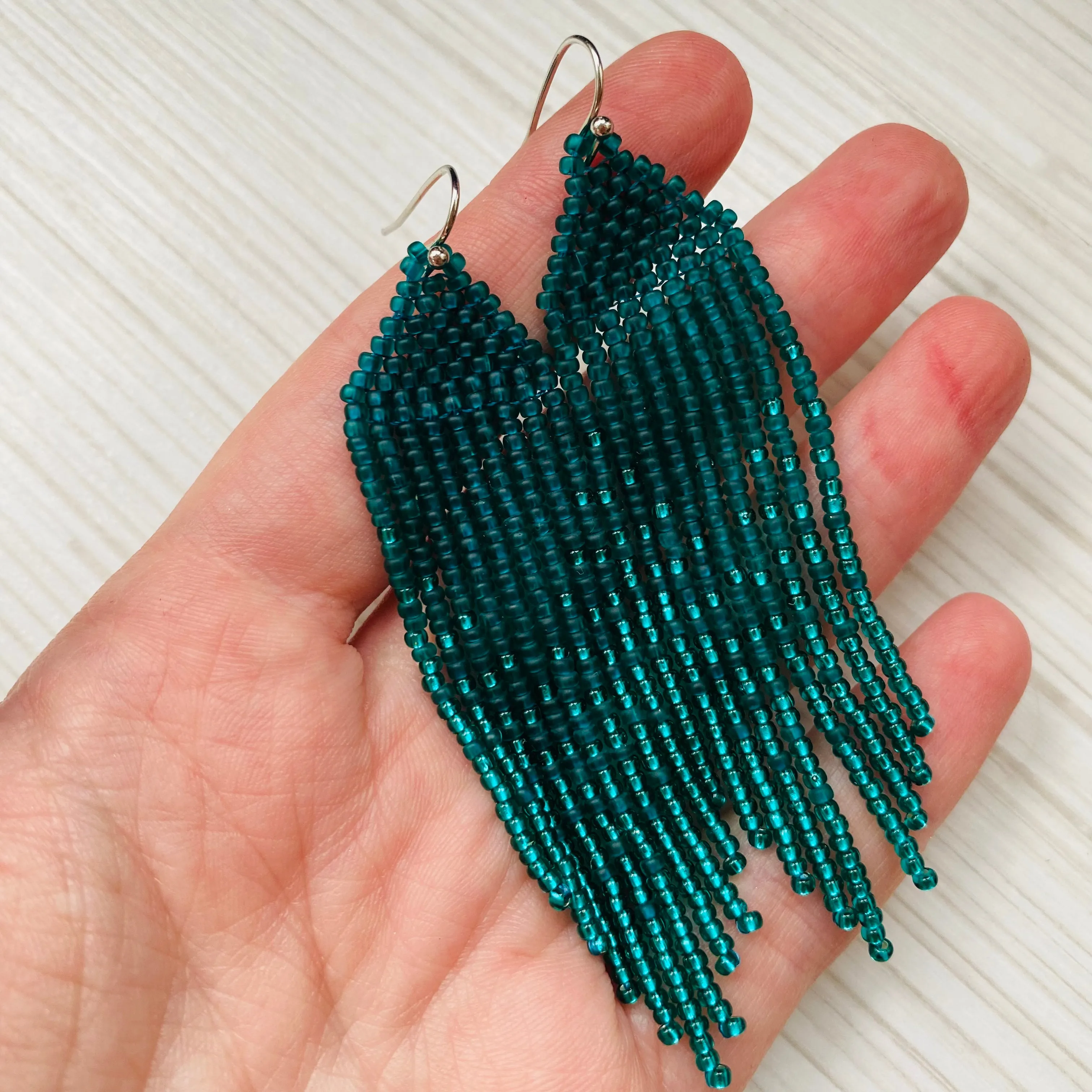 Handmade Long Bohemian Emerald Seed Beaded Earrings