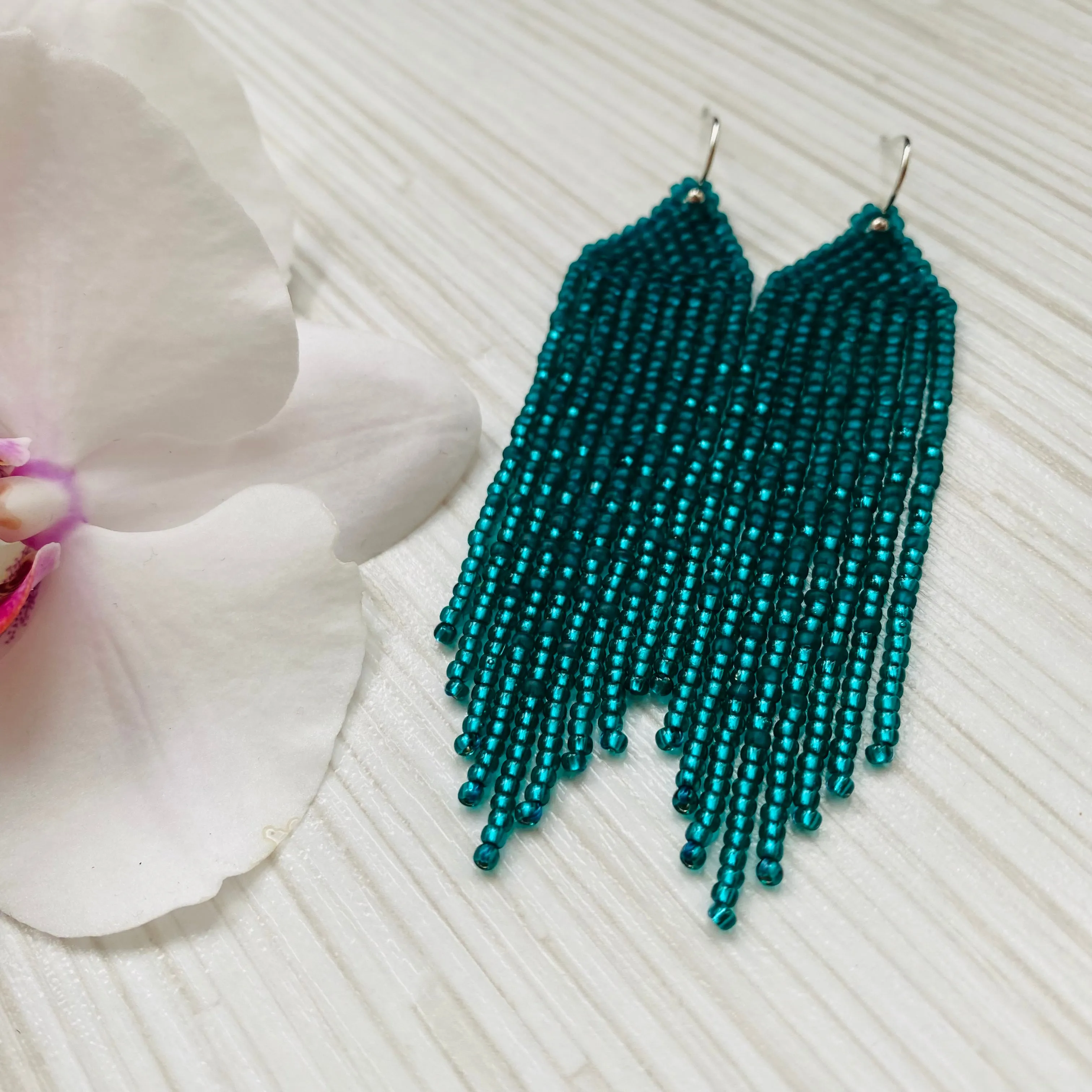 Handmade Long Bohemian Emerald Seed Beaded Earrings