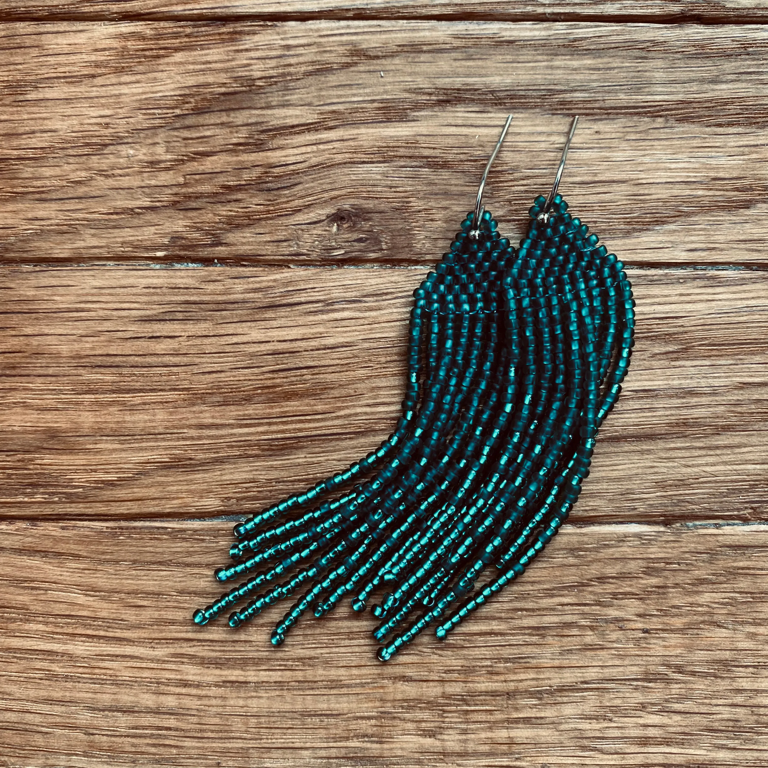 Handmade Long Bohemian Emerald Seed Beaded Earrings