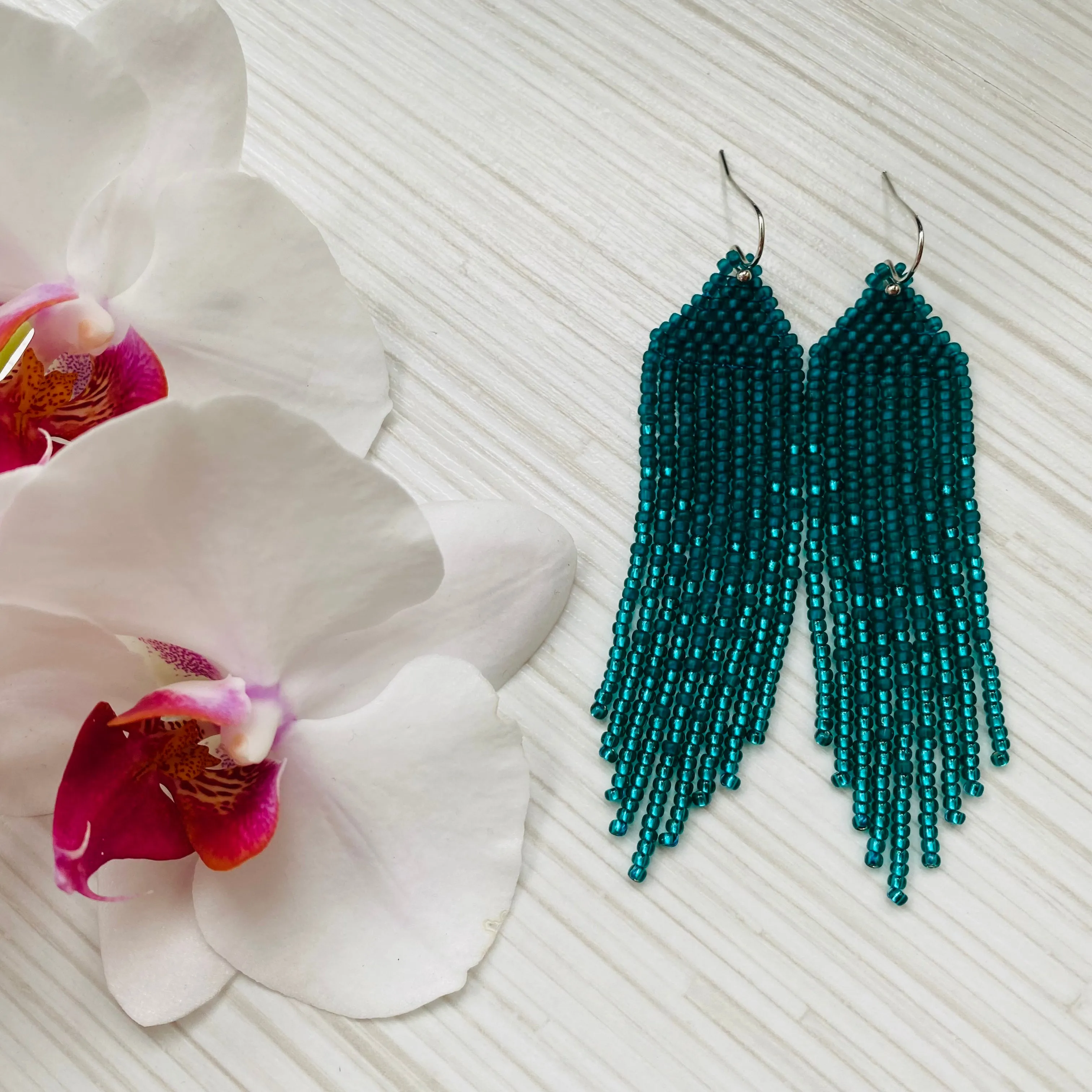 Handmade Long Bohemian Emerald Seed Beaded Earrings