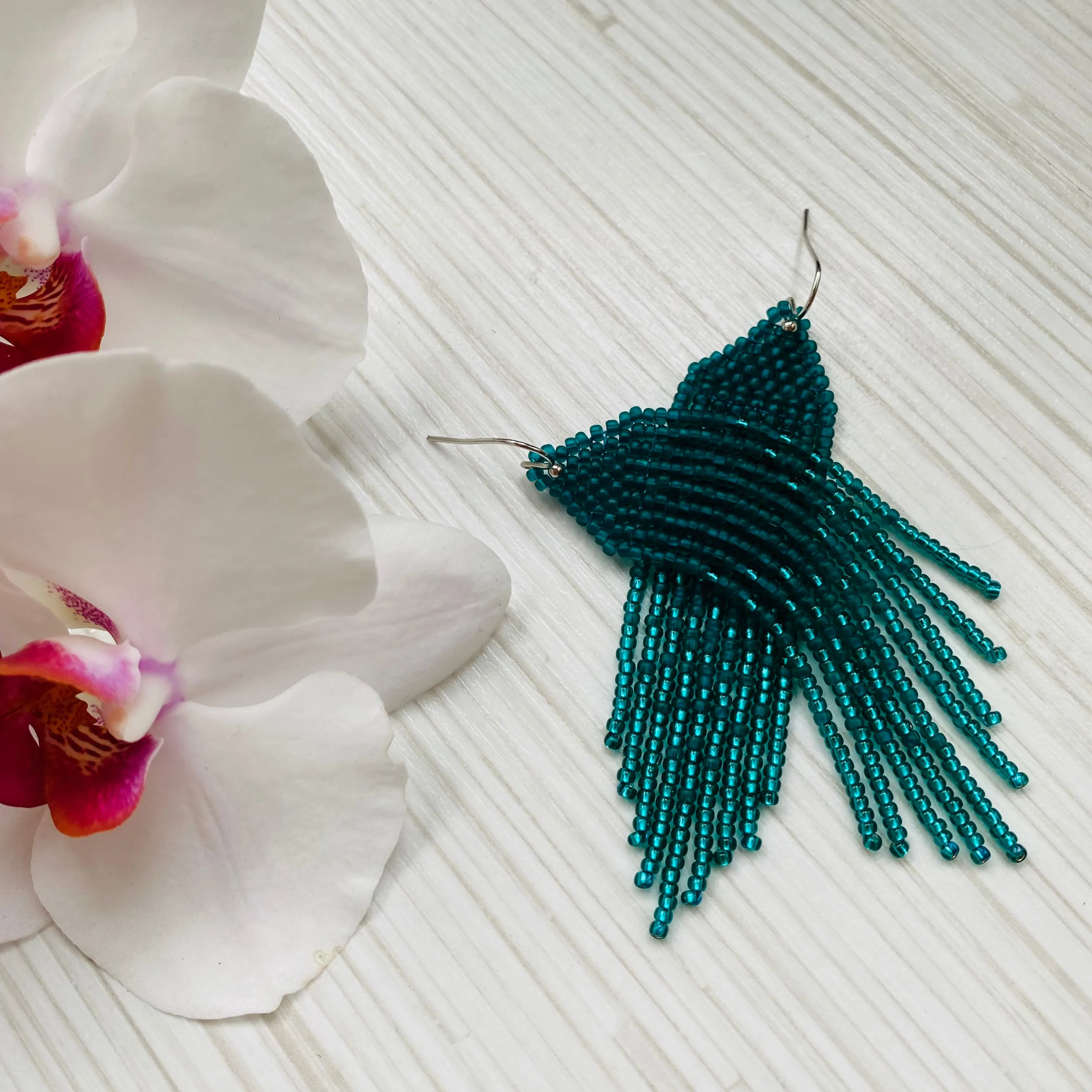 Handmade Long Bohemian Emerald Seed Beaded Earrings