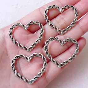 Heart Charm w/ Rope Edge (4pcs / 33mm x 28mm / Tibetan Silver / 2 Sided) Valentines Day Wedding Love Pendant Necklace Bracelet Link CHM1556