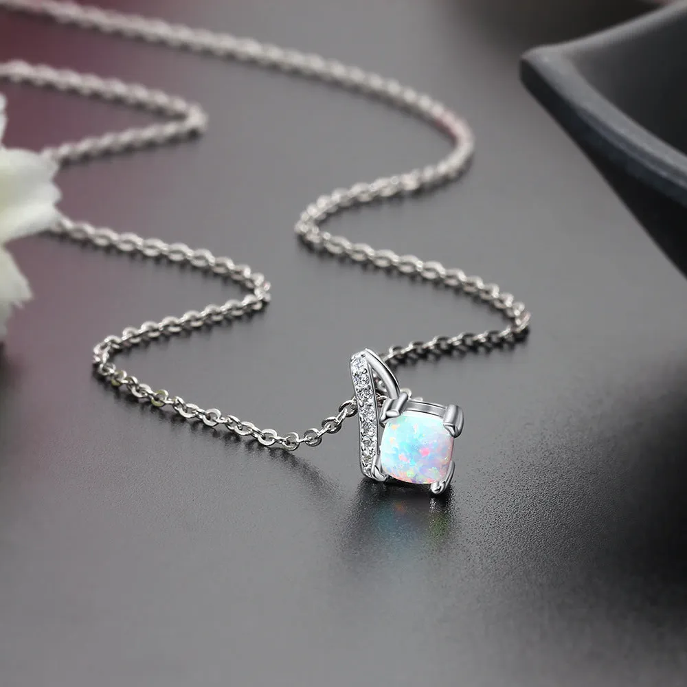 Heart Shape Four Prongs Square Opal Zircon Sterling Silver Necklace