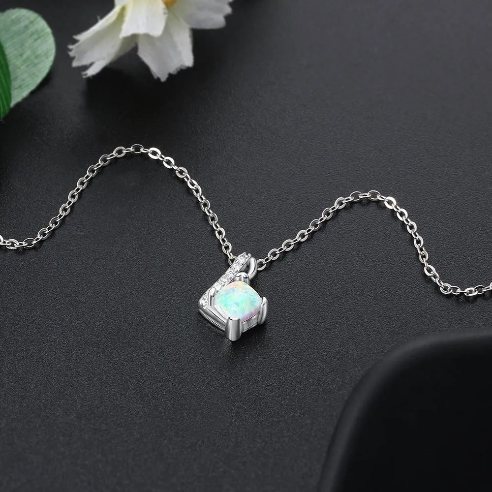 Heart Shape Four Prongs Square Opal Zircon Sterling Silver Necklace