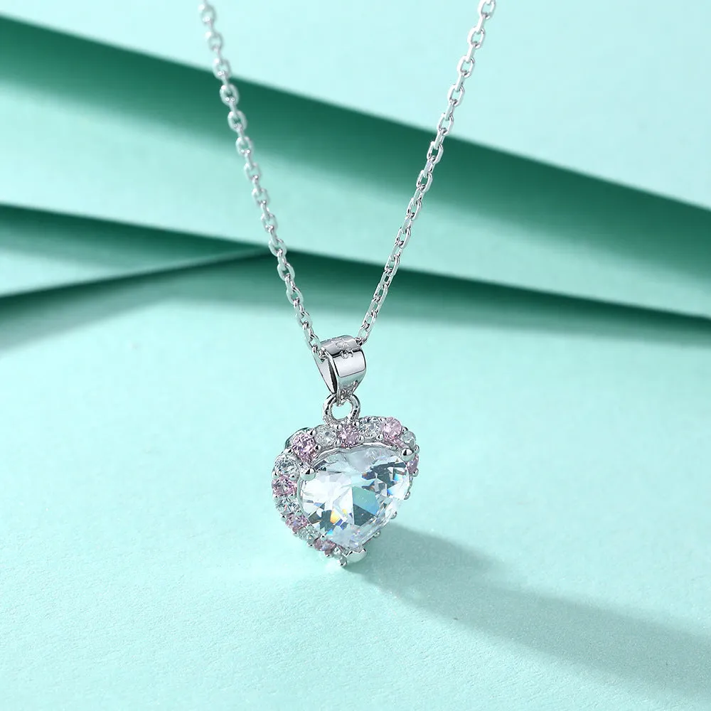 Heart with Pink Zircon Pendant Silver Necklace for Women