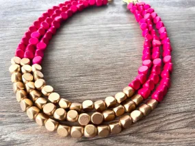 Hot Pink Gold Wood Beaded Chunky Multi Strand Statement Necklace - Lisa