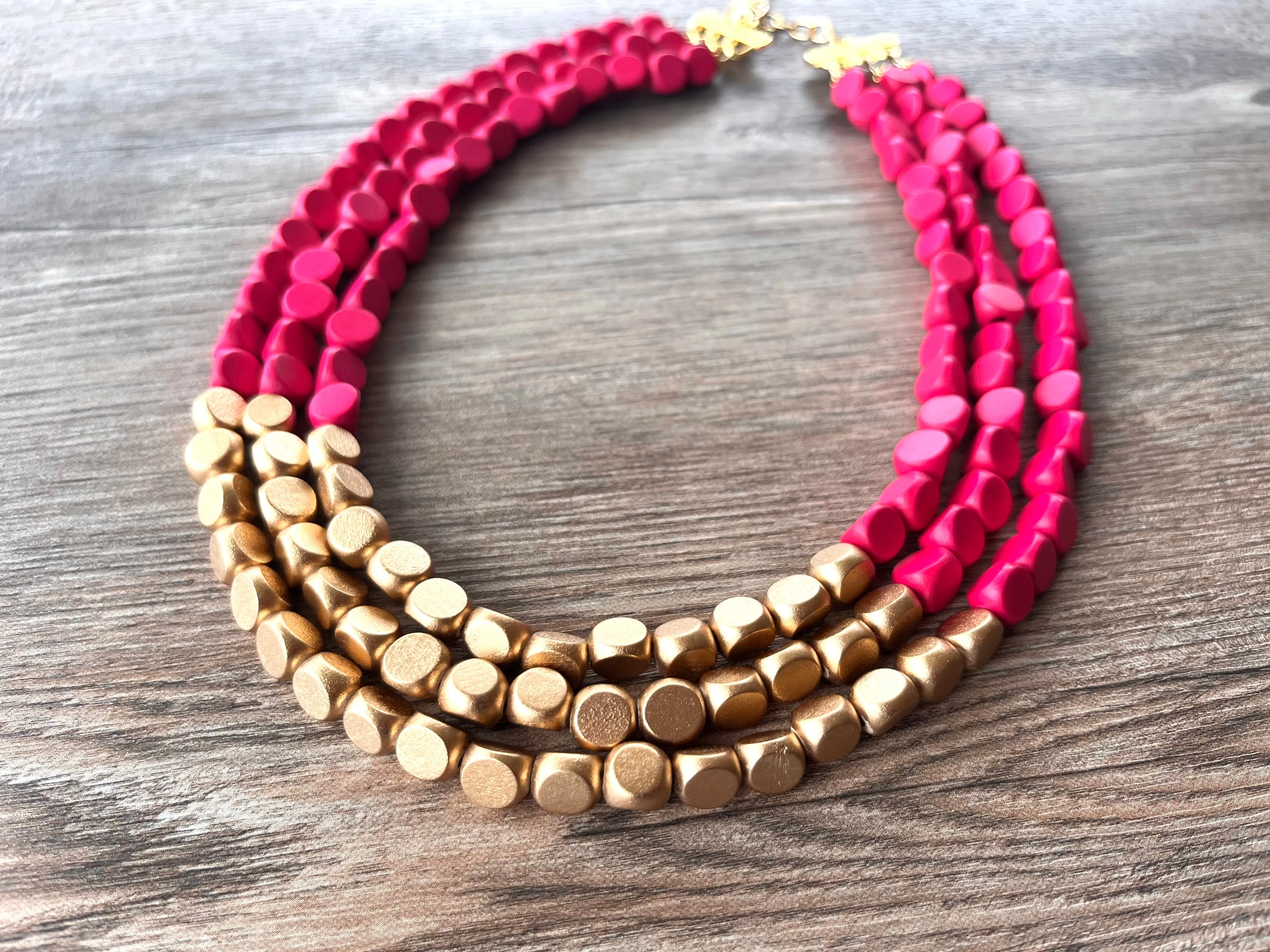 Hot Pink Gold Wood Beaded Chunky Multi Strand Statement Necklace - Lisa