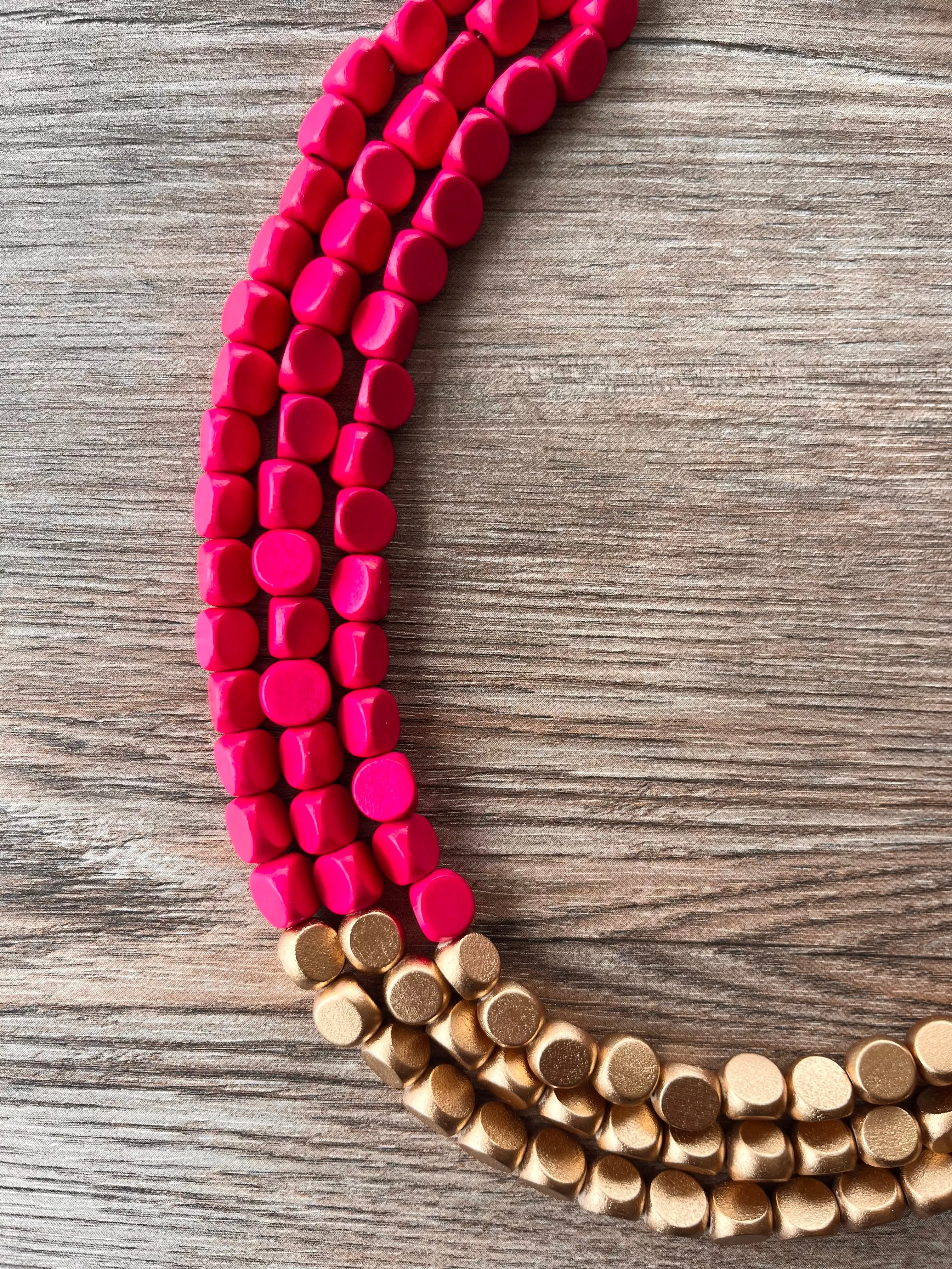 Hot Pink Gold Wood Beaded Chunky Multi Strand Statement Necklace - Lisa