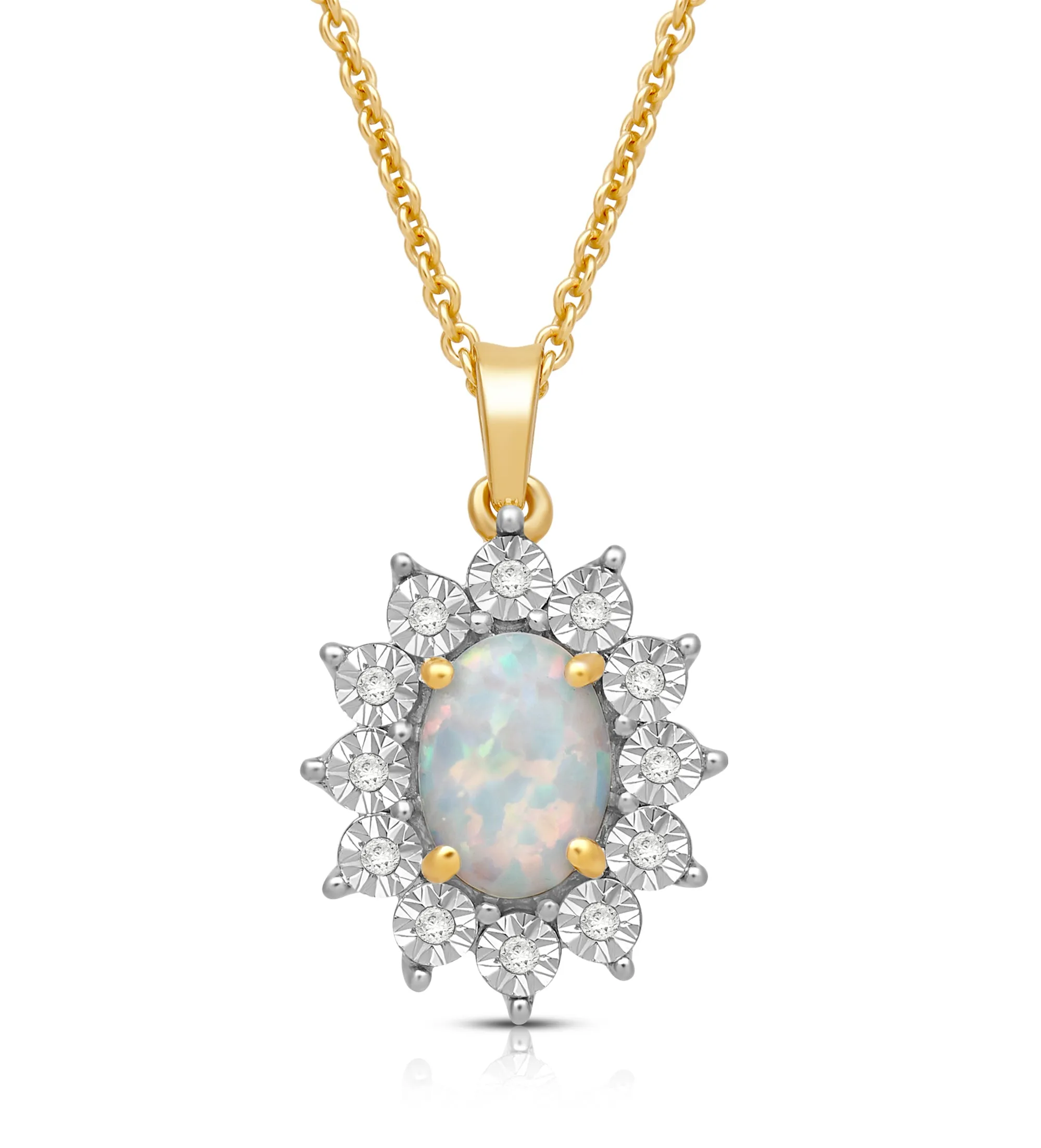 Jewelili 18K Yellow Gold over Sterling Silver 7x5 MM Oval Cut Created Opal and 1/20 Cttw Natural White Round Diamond Halo Pendant Necklace