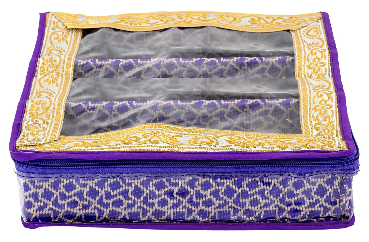 Kuber Industries Square Design Brocade Hardboard Three Rod Bangle Box (Purple) -CTKTC38866