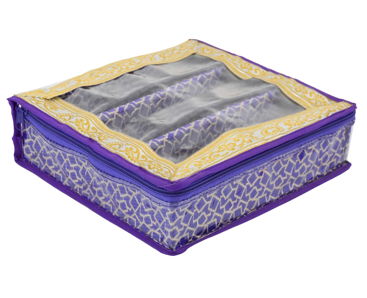 Kuber Industries Square Design Brocade Hardboard Three Rod Bangle Box (Purple) -CTKTC38866