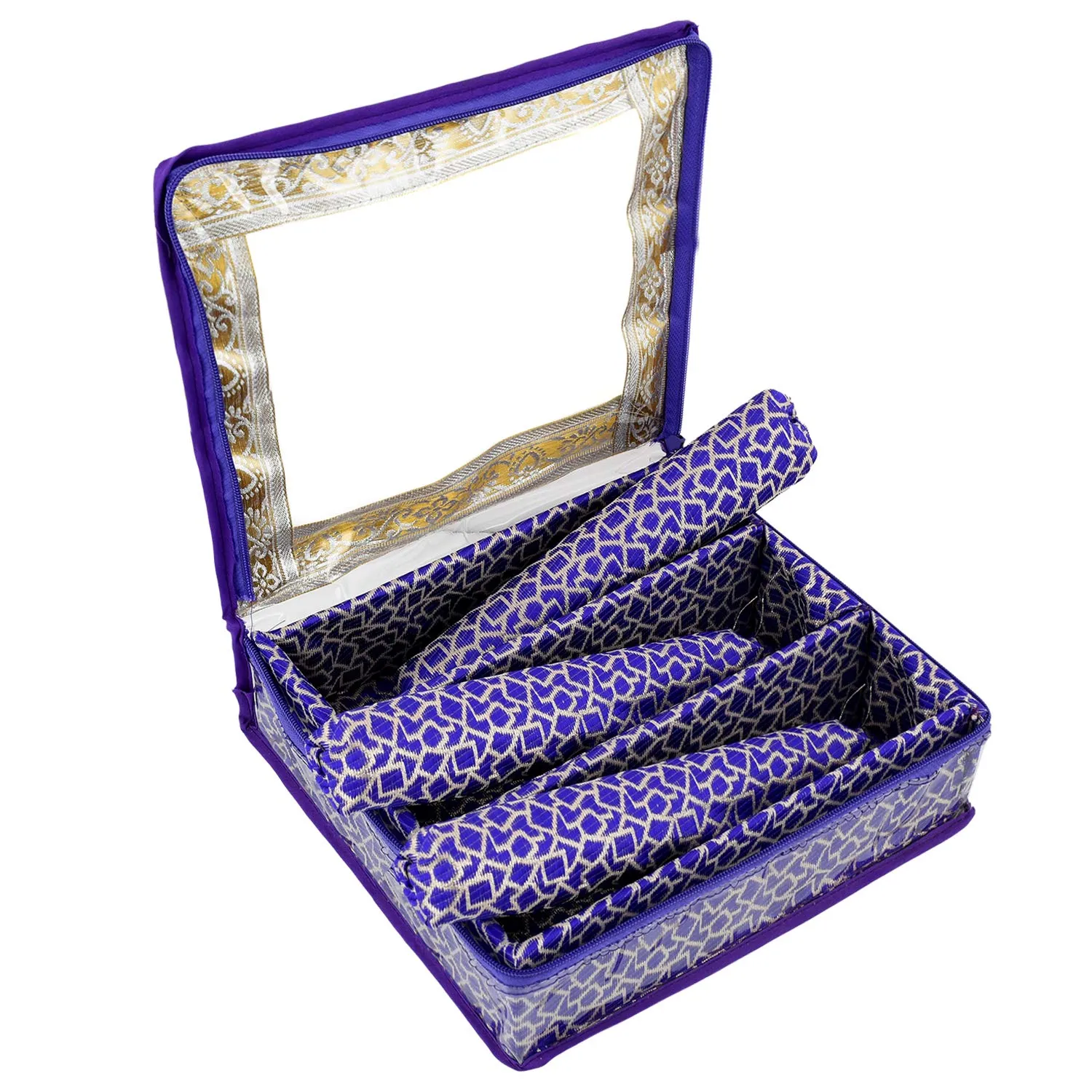 Kuber Industries Square Design Brocade Hardboard Three Rod Bangle Box (Purple) -CTKTC38866