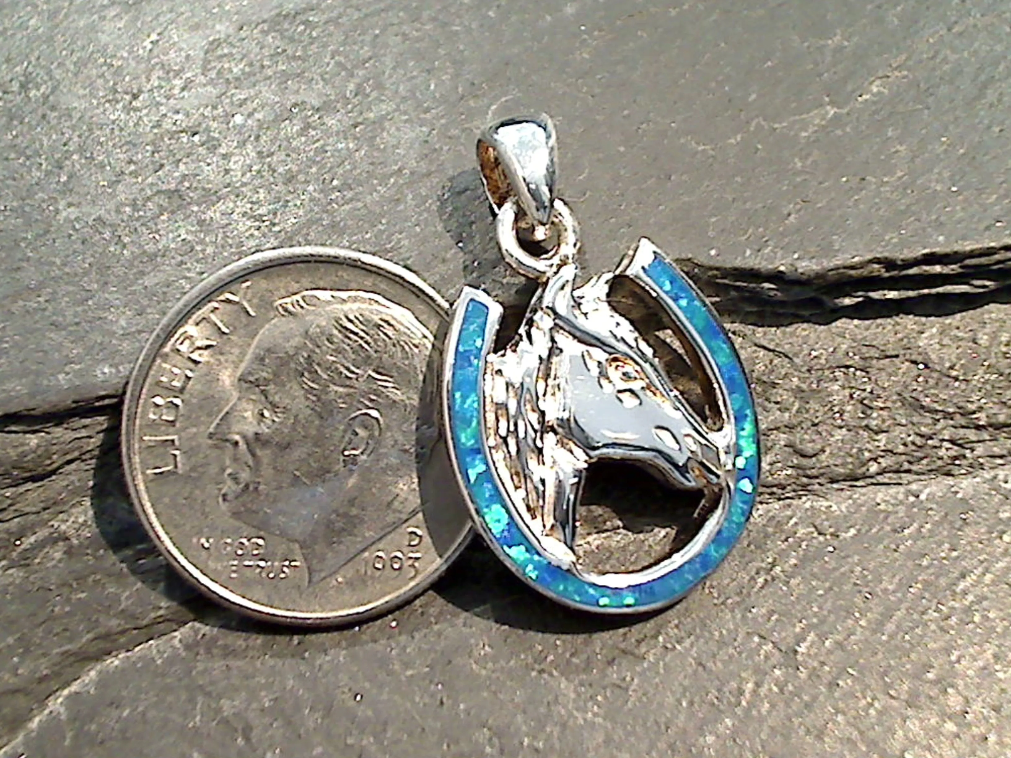 Lab Created Opal, Sterling Silver Small Horse Pendant