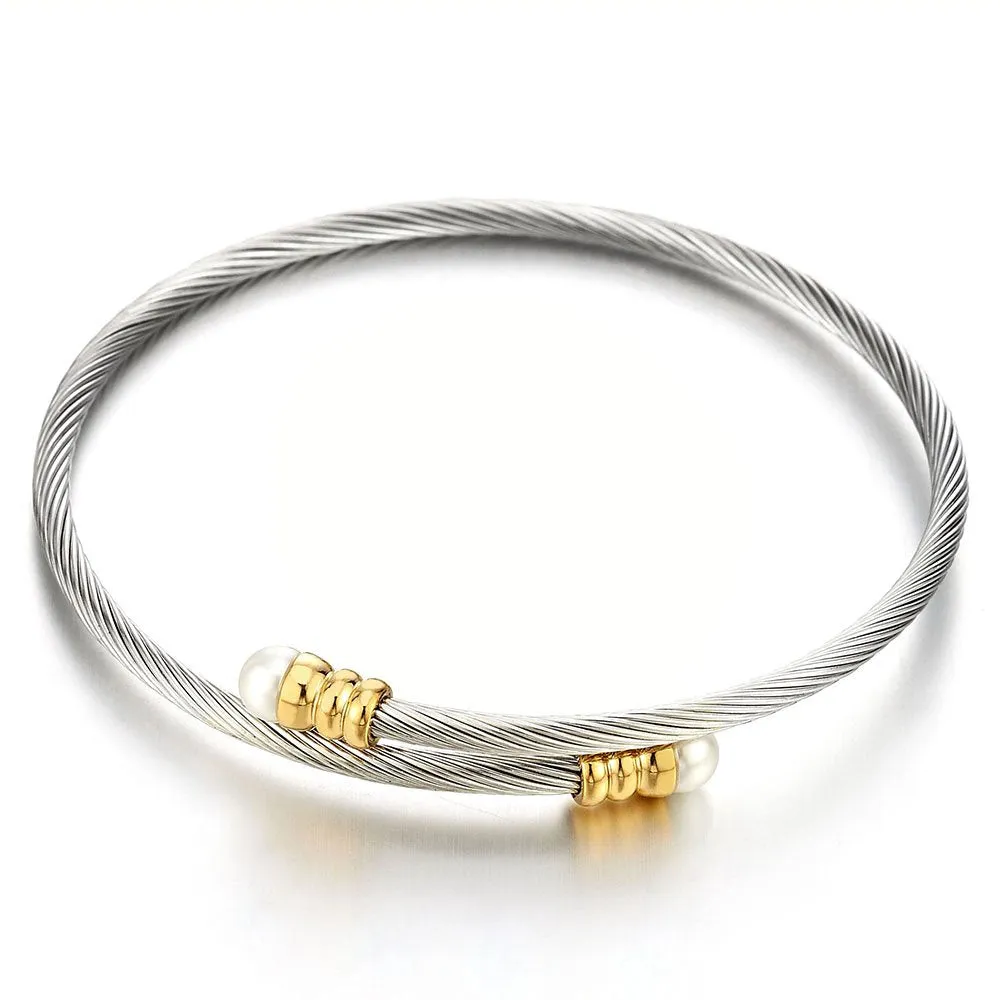 Ladies Elastic Adjustable Steel Bangle Bracelet and Ring with White Pearl