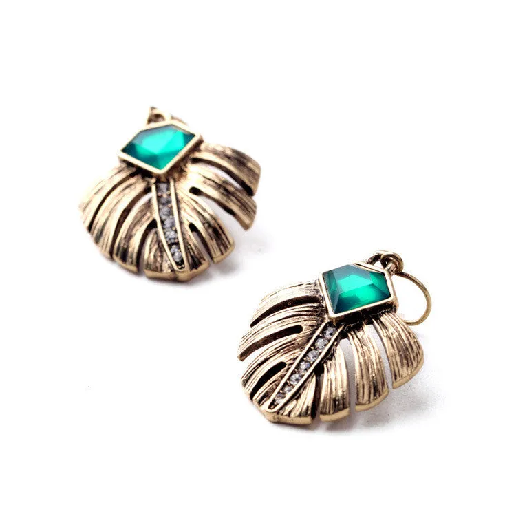 Ladies Noble Elegance Ancient Gold Filled Leaf Emerald Drop Earrings