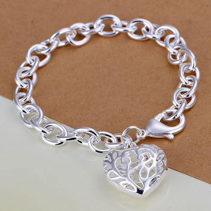 Large Fancy Scroll Puffed Heart Charm Bold Lobster Clasp Bracelet for Women