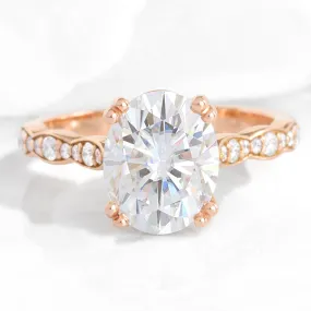 Large Oval Moissanite Ring in 14k Rose Gold Solitaire Diamond Band, Size 6.25