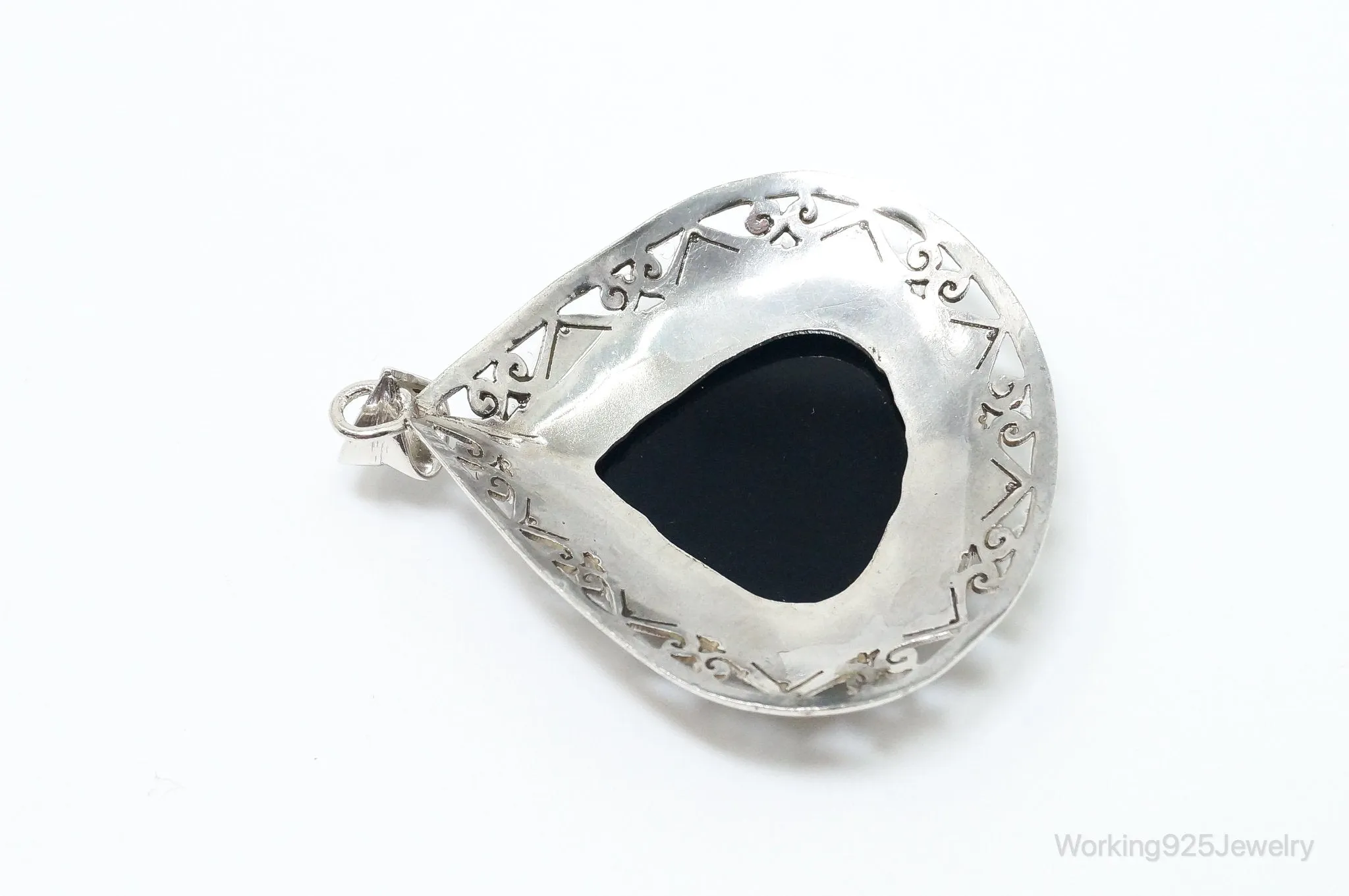 Large Vintage Black Onyx Bali Style Sterling Silver Necklace Pendant