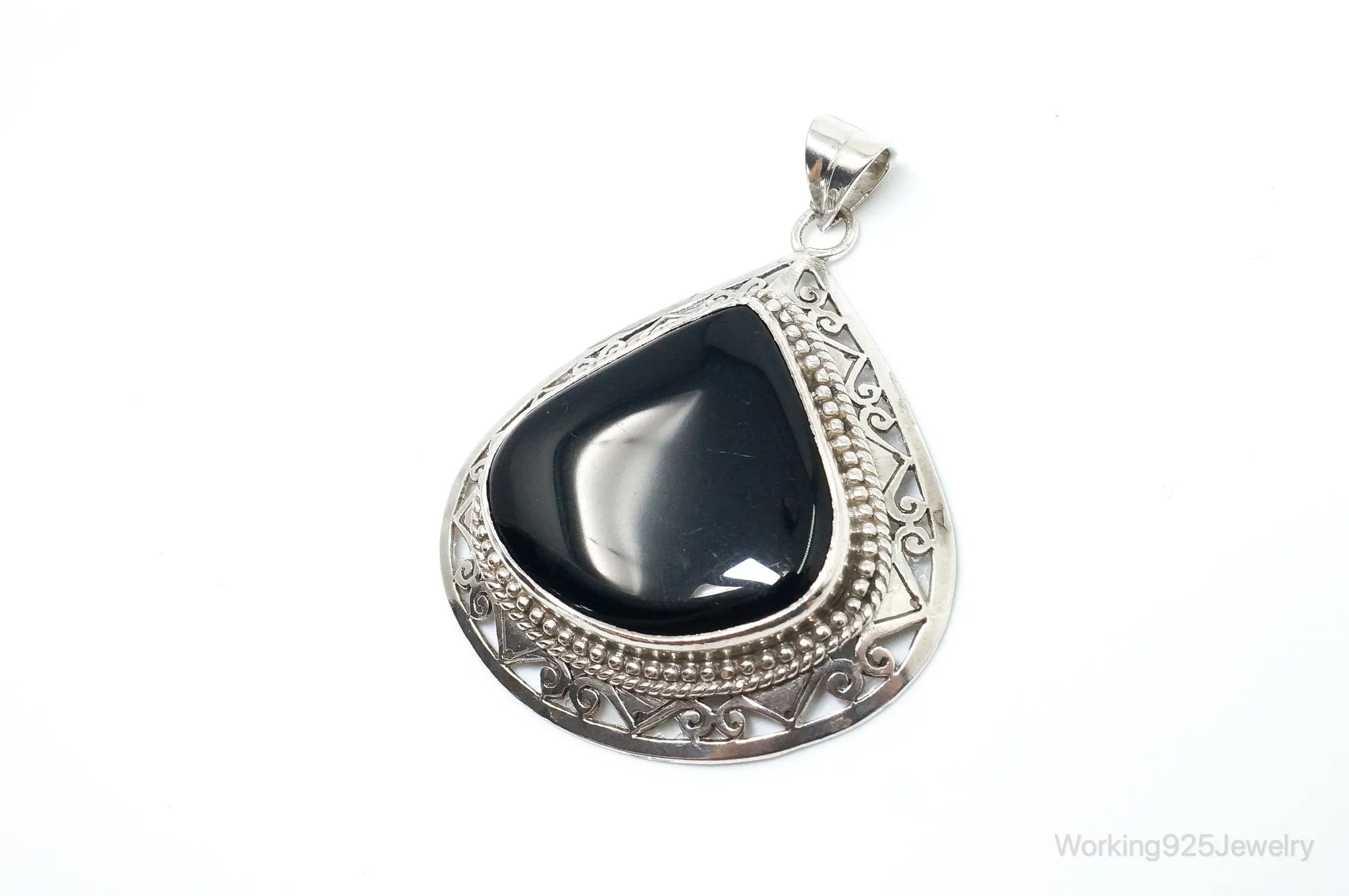 Large Vintage Black Onyx Bali Style Sterling Silver Necklace Pendant