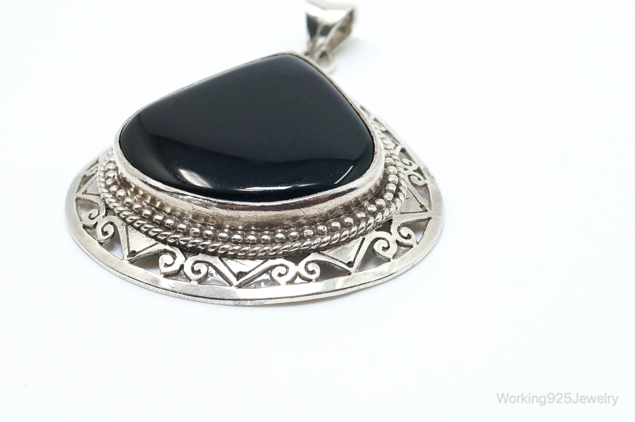 Large Vintage Black Onyx Bali Style Sterling Silver Necklace Pendant