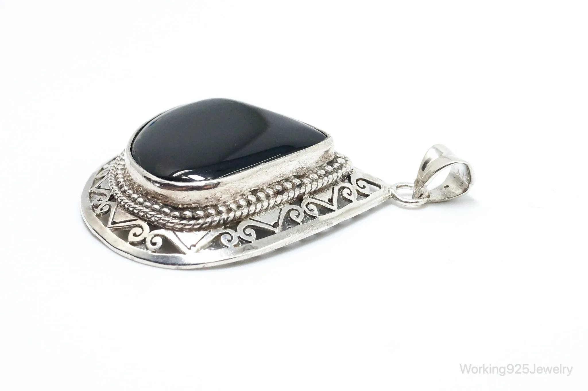 Large Vintage Black Onyx Bali Style Sterling Silver Necklace Pendant