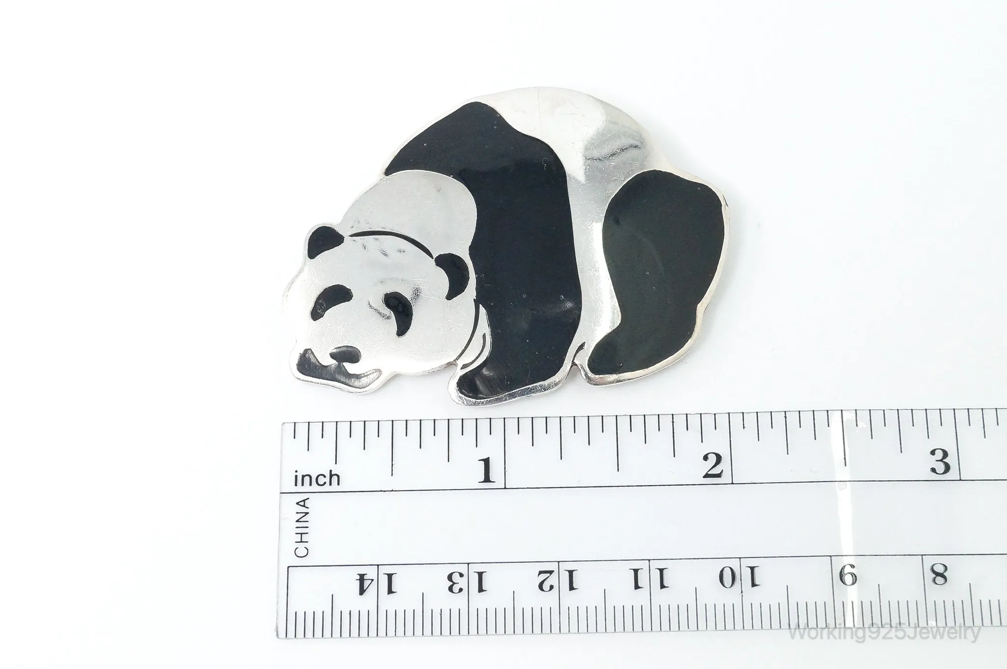 Large Vintage Mexico Enamel Panda Sterling Silver Brooch Pendant