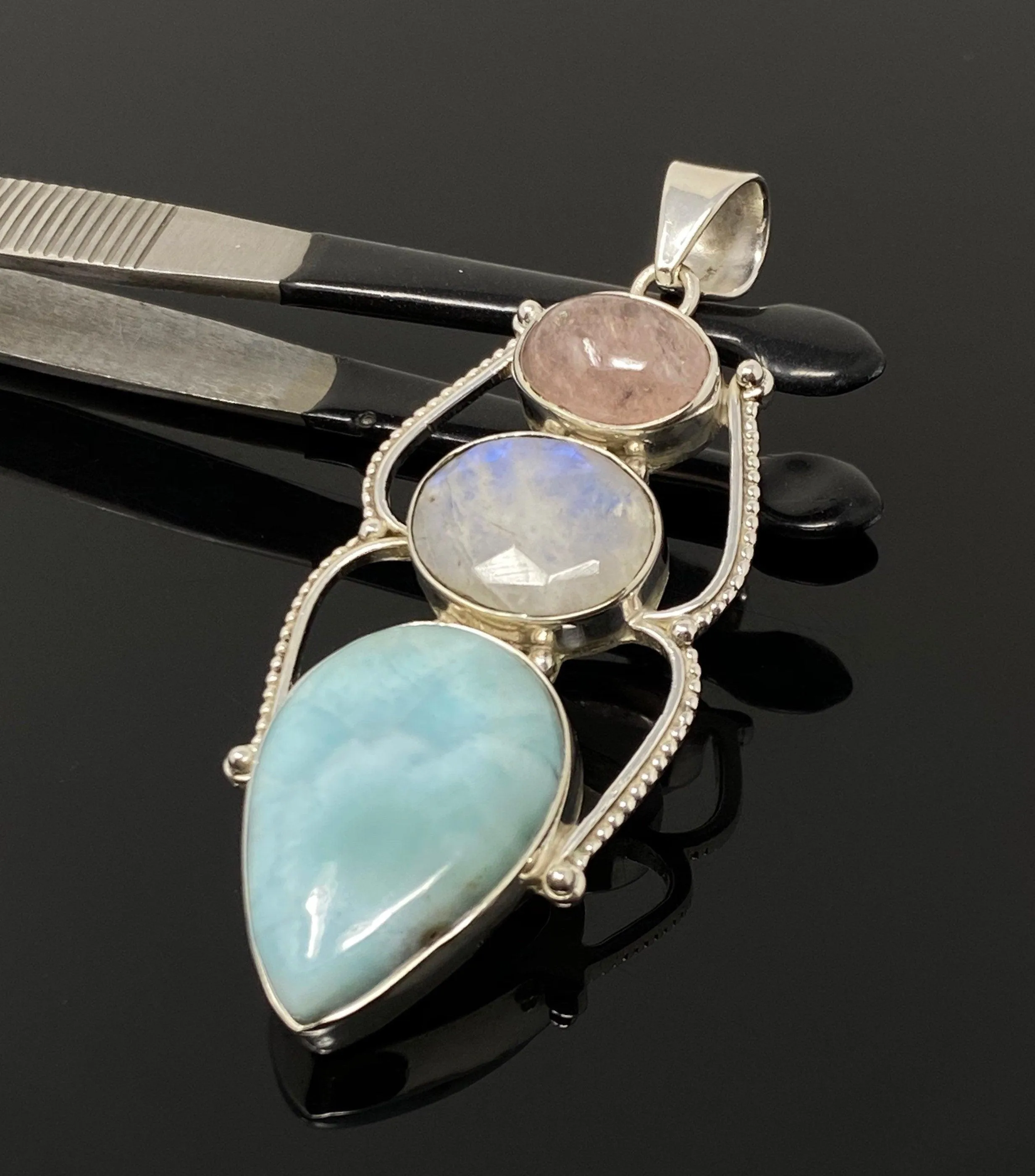 Larimar Gemstone Pendant with Morganite and Moonstone , Wire Wrapped