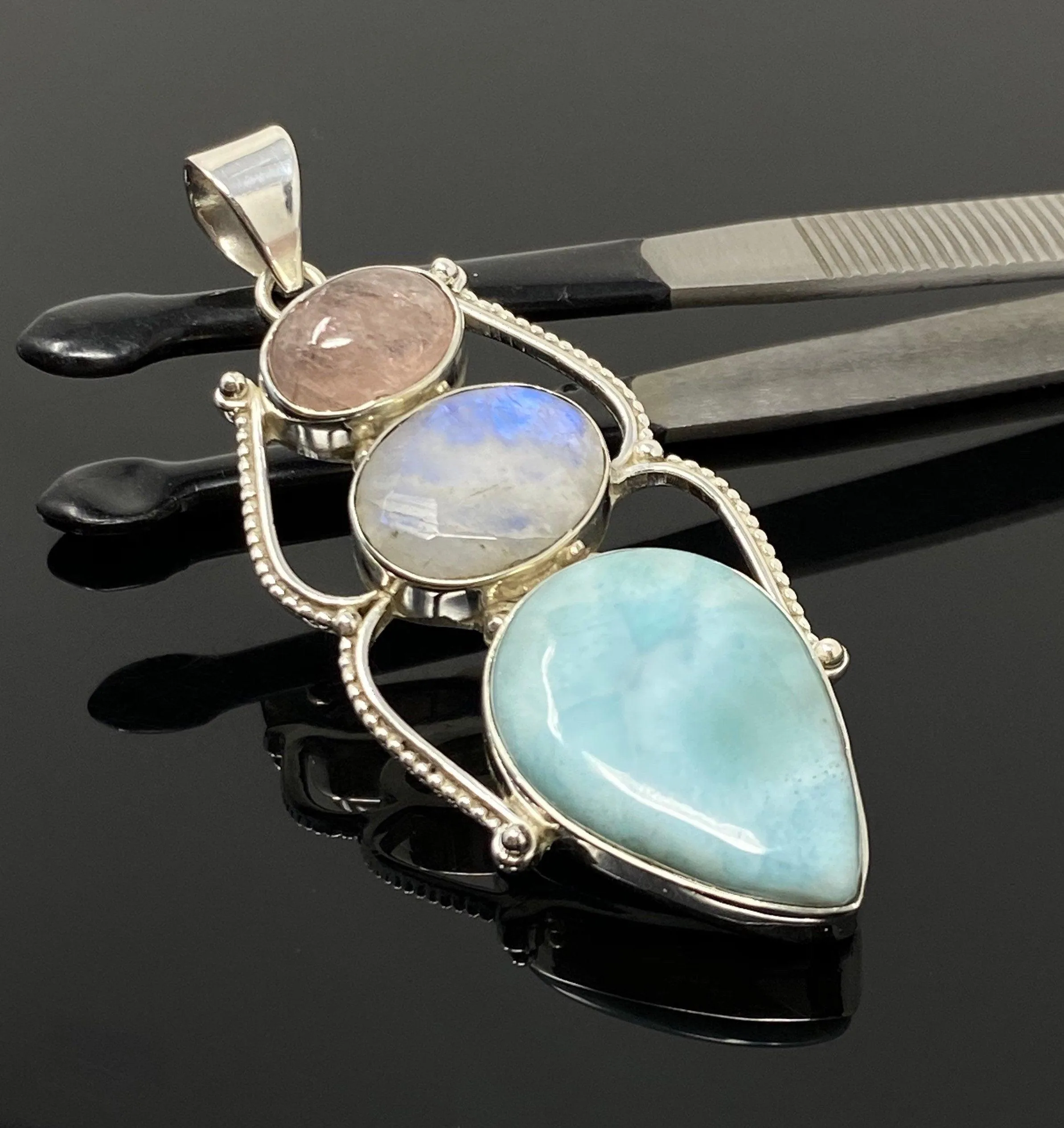 Larimar Gemstone Pendant with Morganite and Moonstone , Wire Wrapped