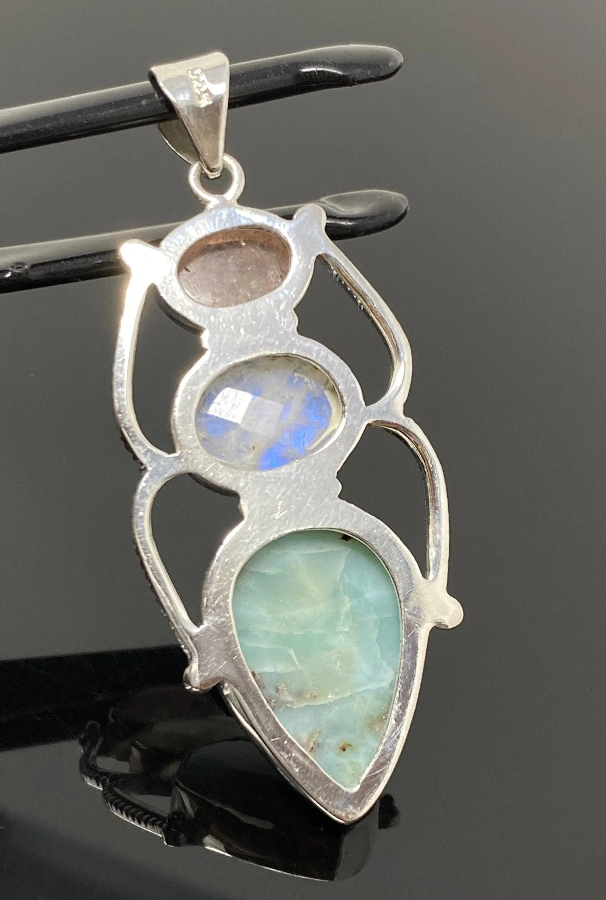 Larimar Gemstone Pendant with Morganite and Moonstone , Wire Wrapped