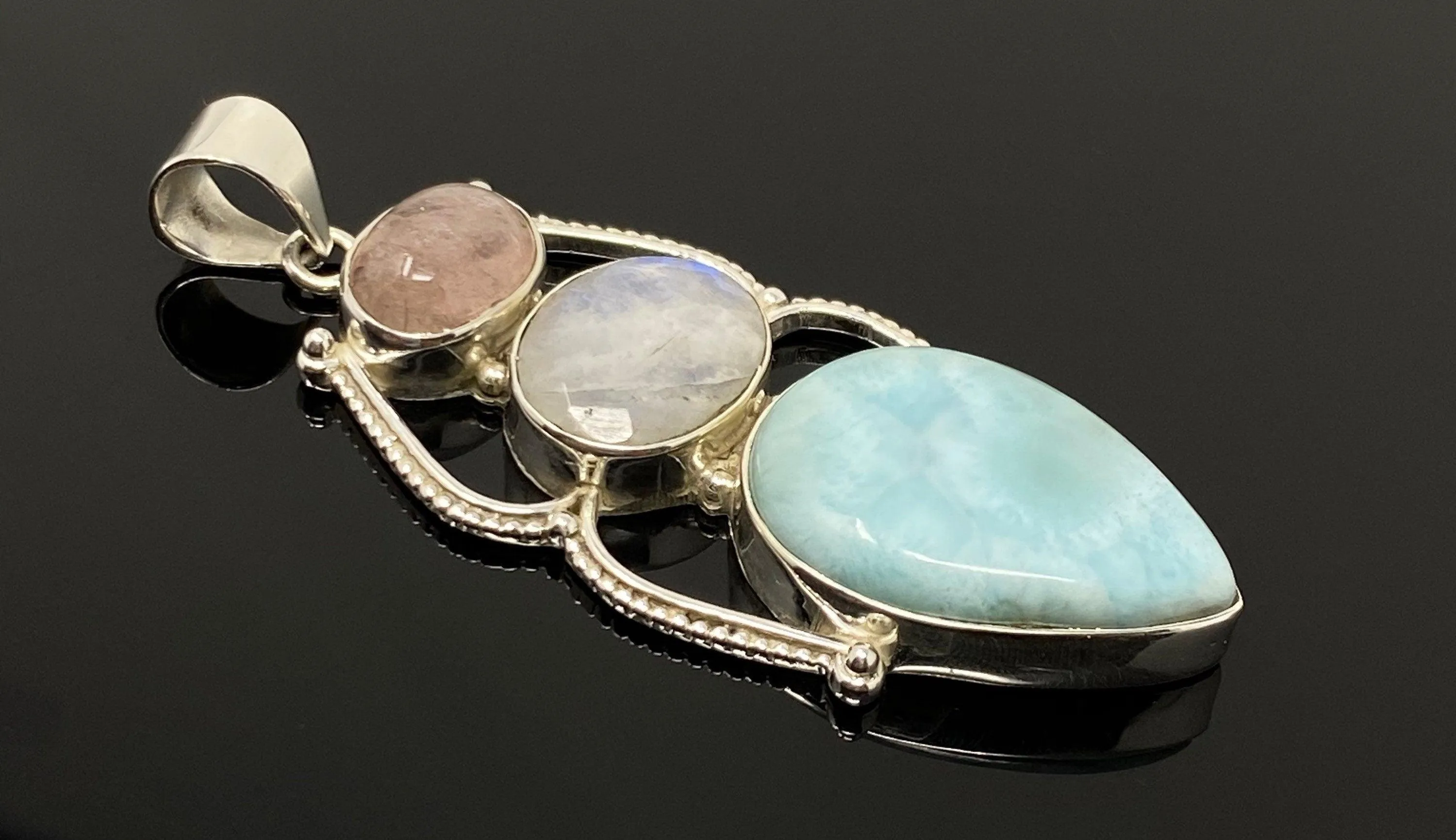 Larimar Gemstone Pendant with Morganite and Moonstone , Wire Wrapped