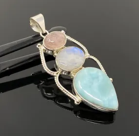 Larimar Gemstone Pendant with Morganite and Moonstone , Wire Wrapped