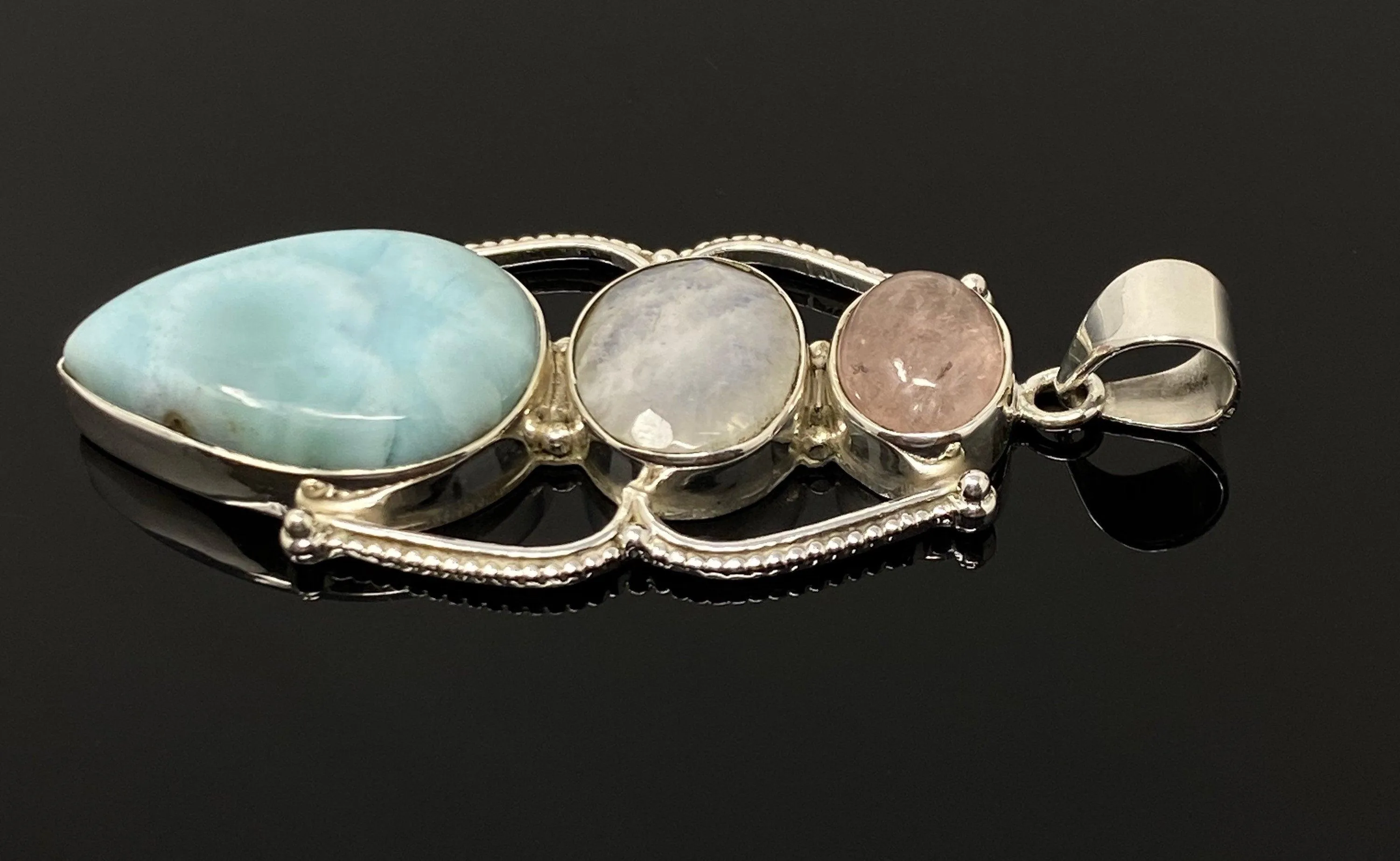 Larimar Gemstone Pendant with Morganite and Moonstone , Wire Wrapped