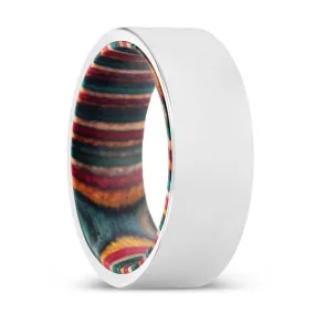 LEOPOLDO | Multi Color Wood, Silver Tungsten Ring, Shiny, Flat