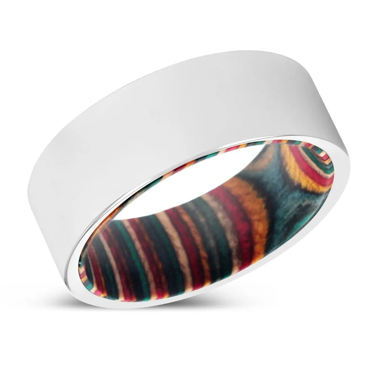 LEOPOLDO | Multi Color Wood, Silver Tungsten Ring, Shiny, Flat