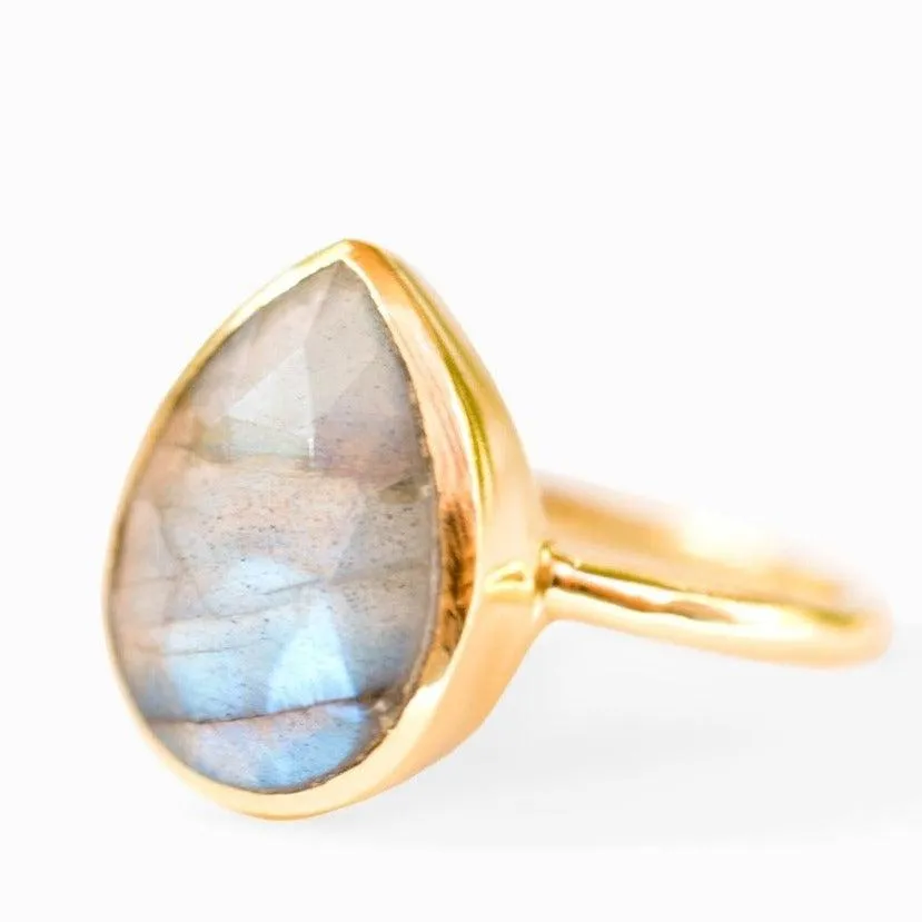 Lia Rainbow Labradorite Tear Drop Ring ~ 18k Gold Plated ~ MR009