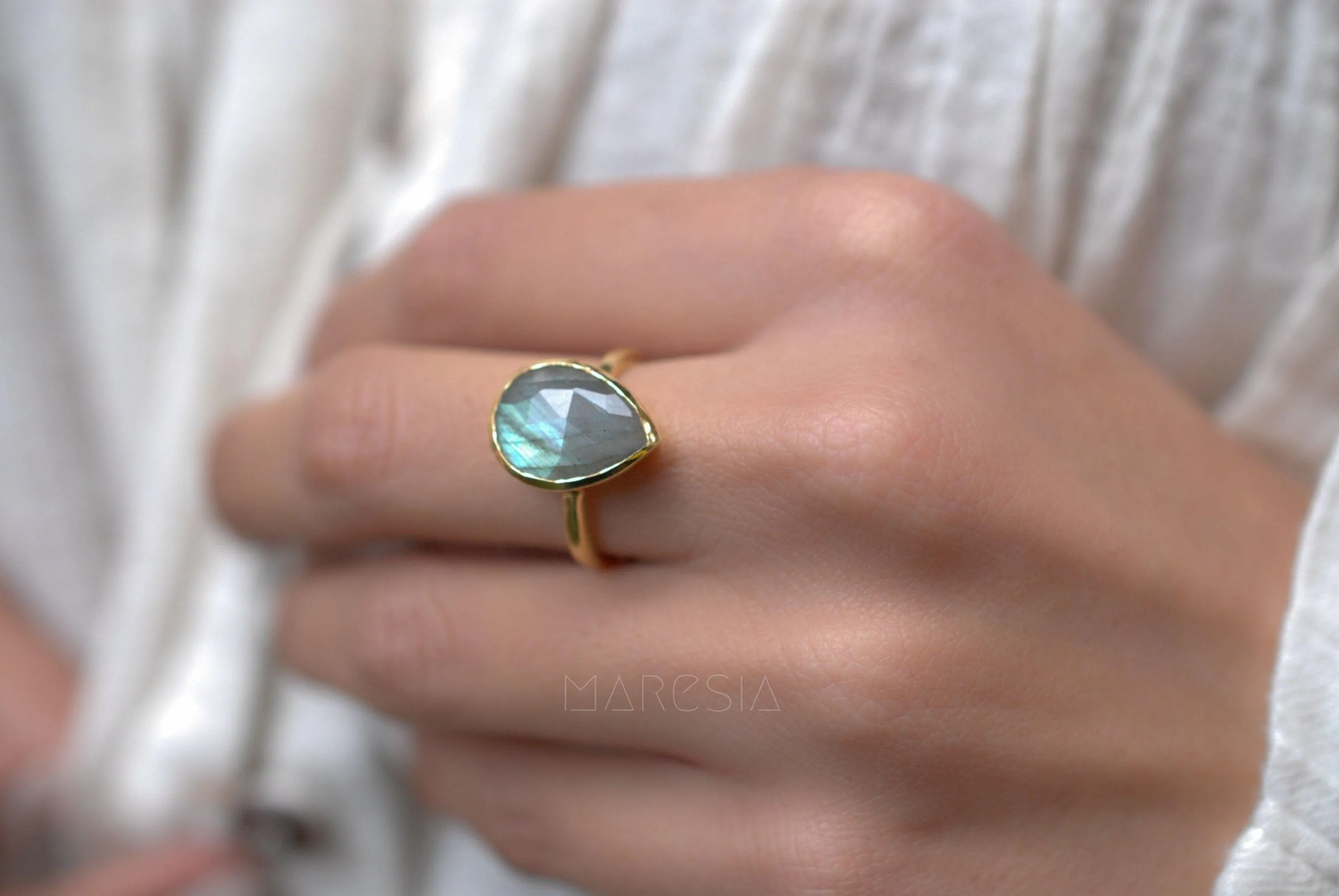 Lia Rainbow Labradorite Tear Drop Ring ~ 18k Gold Plated ~ MR009