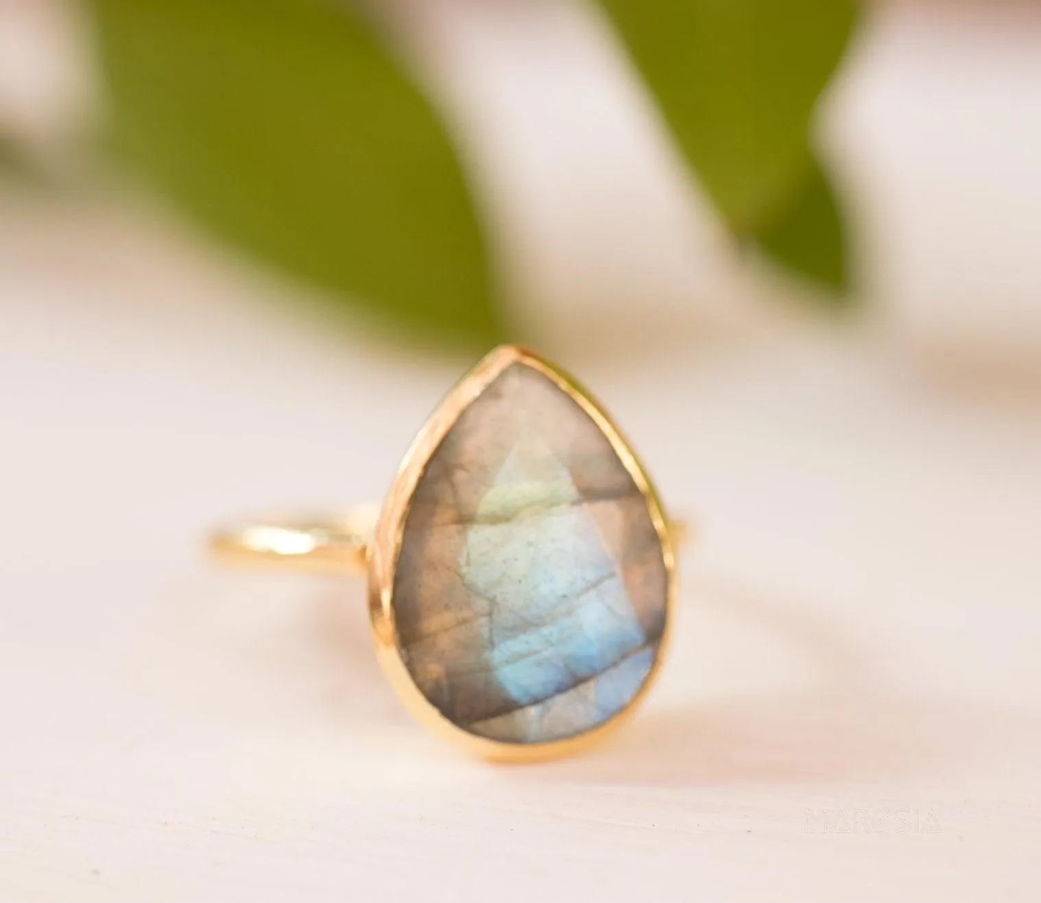 Lia Rainbow Labradorite Tear Drop Ring ~ 18k Gold Plated ~ MR009