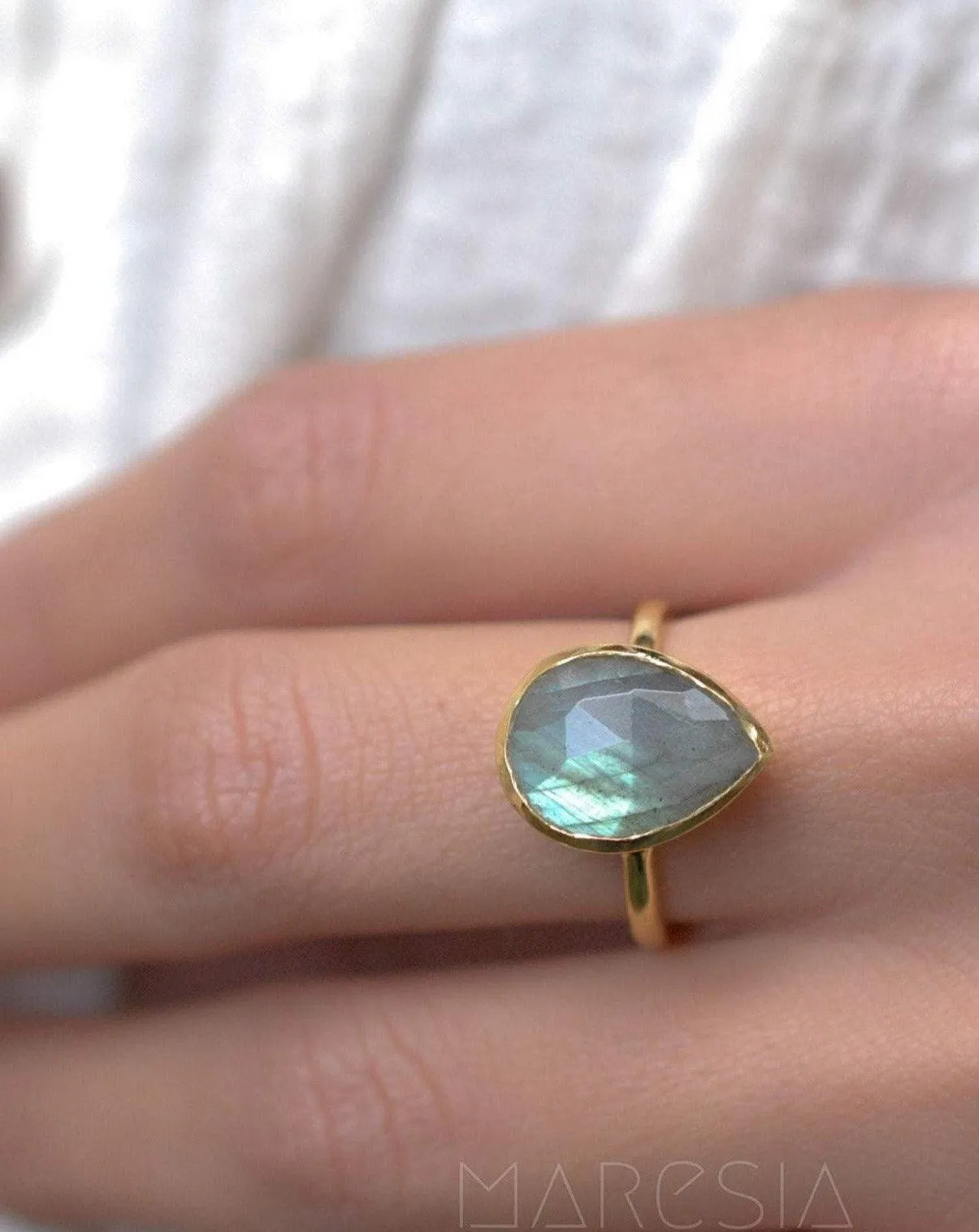 Lia Rainbow Labradorite Tear Drop Ring ~ 18k Gold Plated ~ MR009