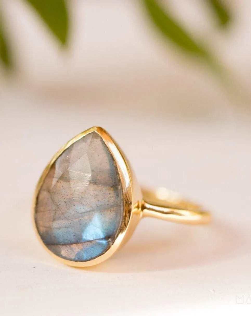 Lia Rainbow Labradorite Tear Drop Ring ~ 18k Gold Plated ~ MR009