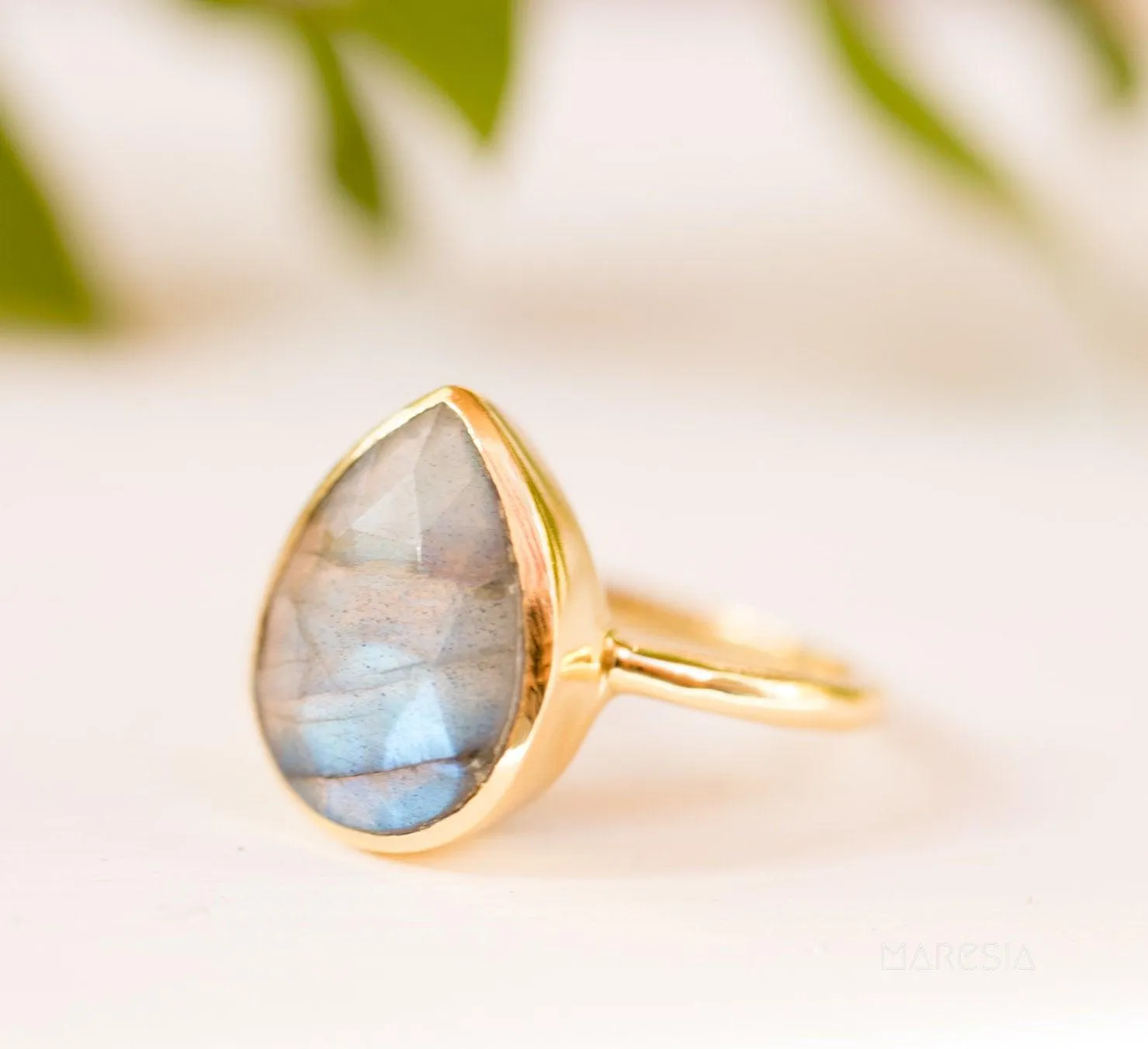 Lia Rainbow Labradorite Tear Drop Ring ~ 18k Gold Plated ~ MR009